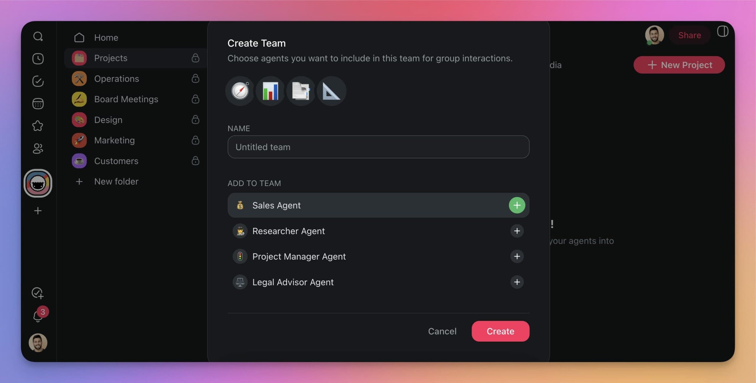 Creating an AI agent team in Taskade by choosing agents such as a researcher, sales agent and project manager for group work, illustrating subagents vs agent teams