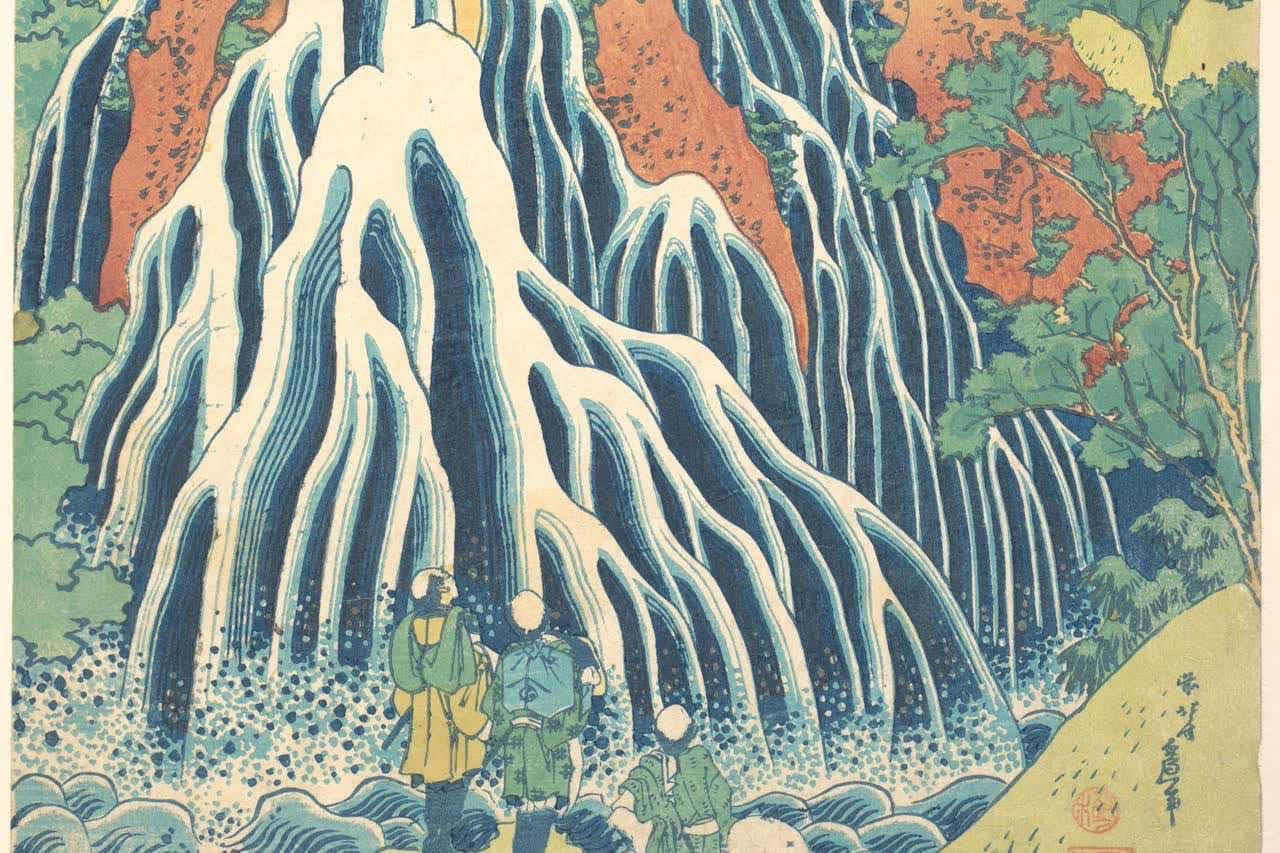 Katsushika Hokusai's Kirifuri Waterfall at Kurokami Mountain, about 1832: one source splitting into dozens of streams as pilgrims watch from below. The Metropolitan Museum of Art, public domain (CC0)