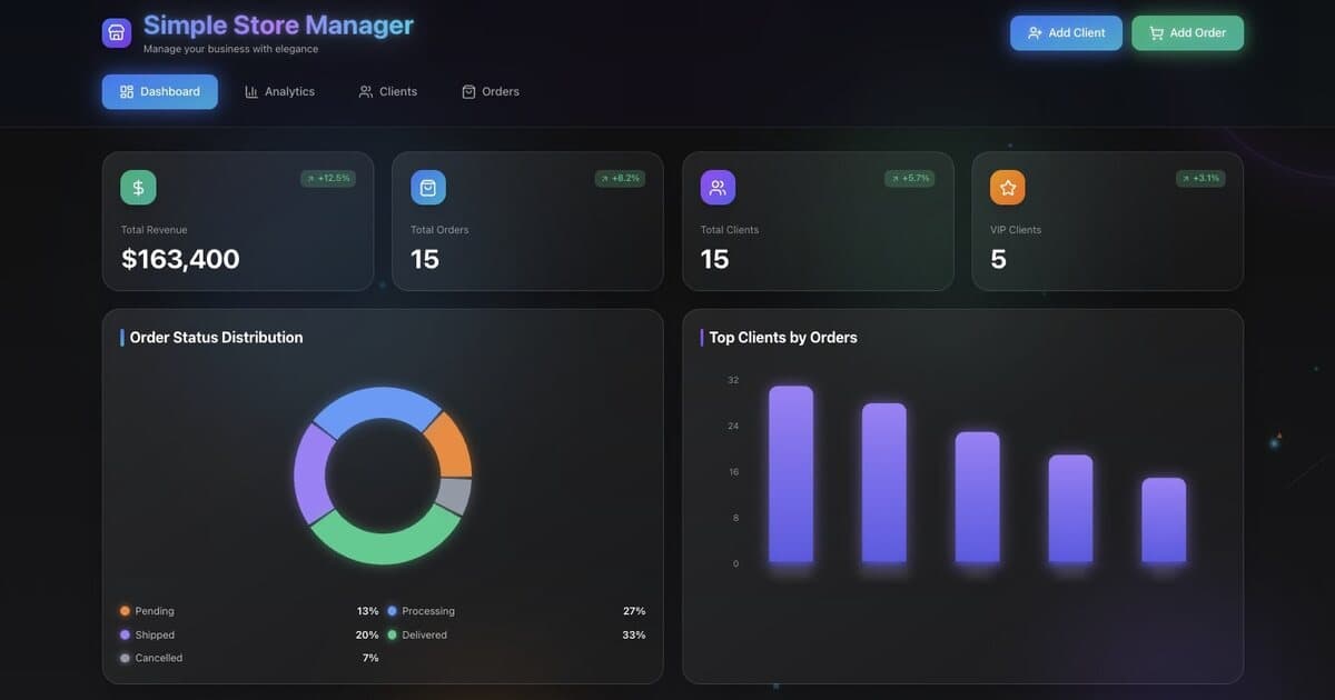 Simple Store Manager, a running business app built with Taskade Genesis, with revenue, orders, and clients on one dashboard