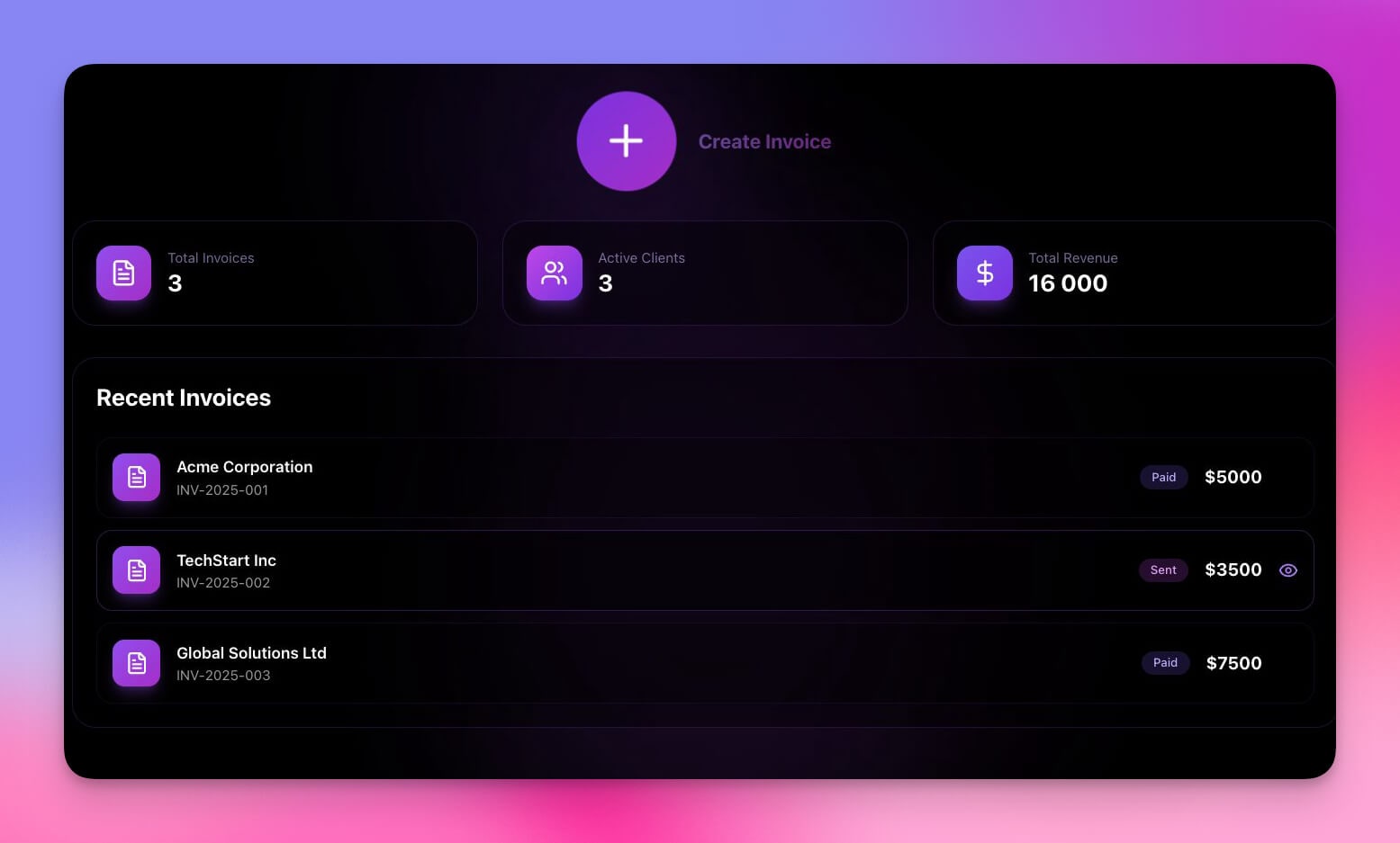 Invoice Generator app with payment tracking dashboard showing paid, pending, and overdue invoices