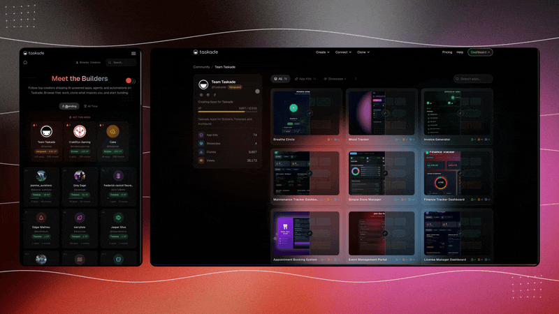 Taskade Creators Page redesign showing builder profiles and leaderboard rankings