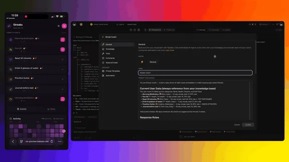 Taskade EVE workflow agent — builds agents, triggers automations, generates Genesis apps from your workspace