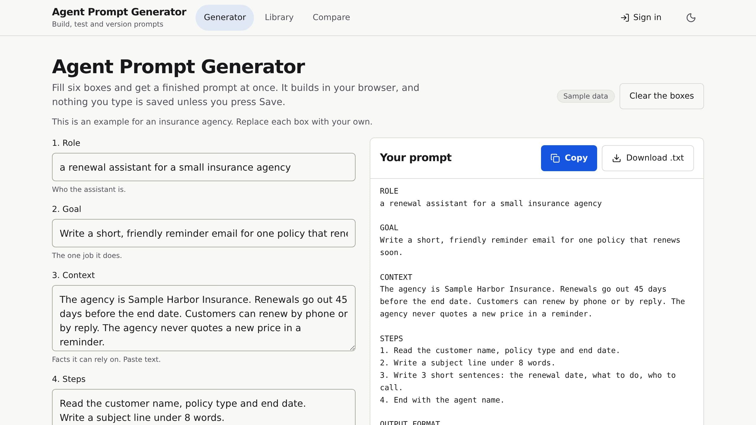 Agent Prompt Generator preview