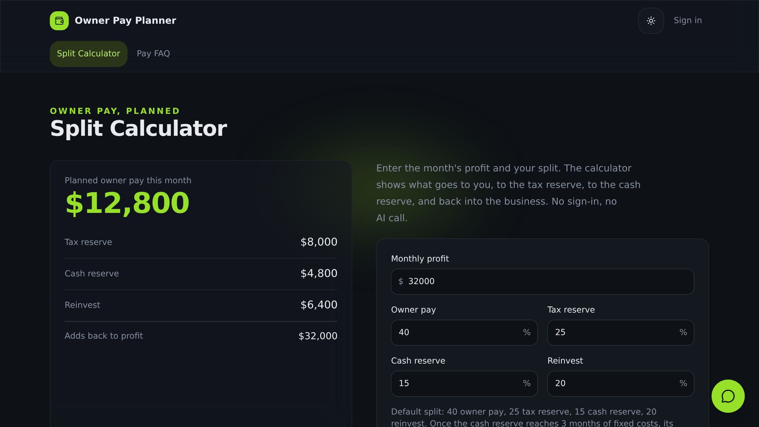 Owner Pay Planner preview