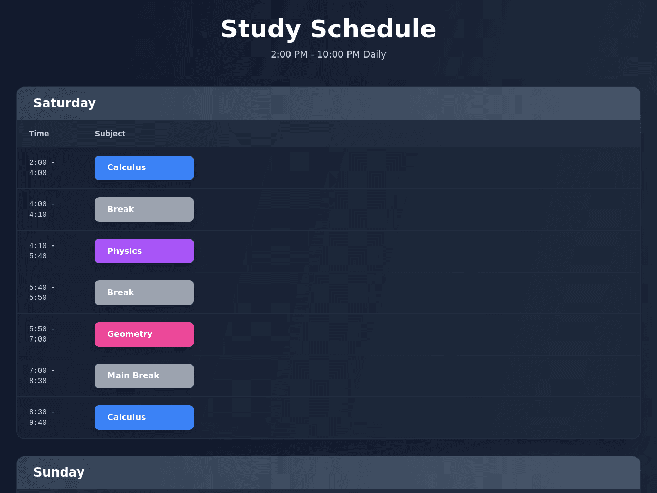 Study Schedule Dashboard