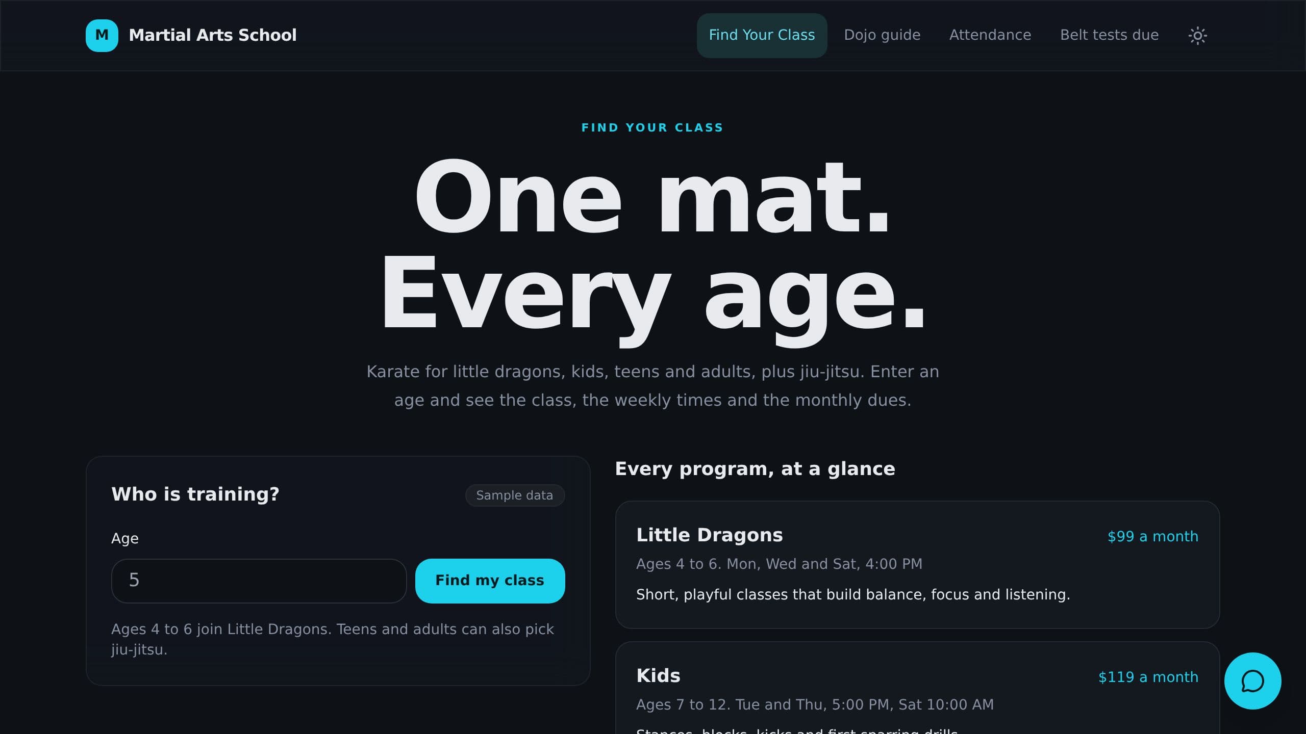 Martial Arts School Dashboard preview