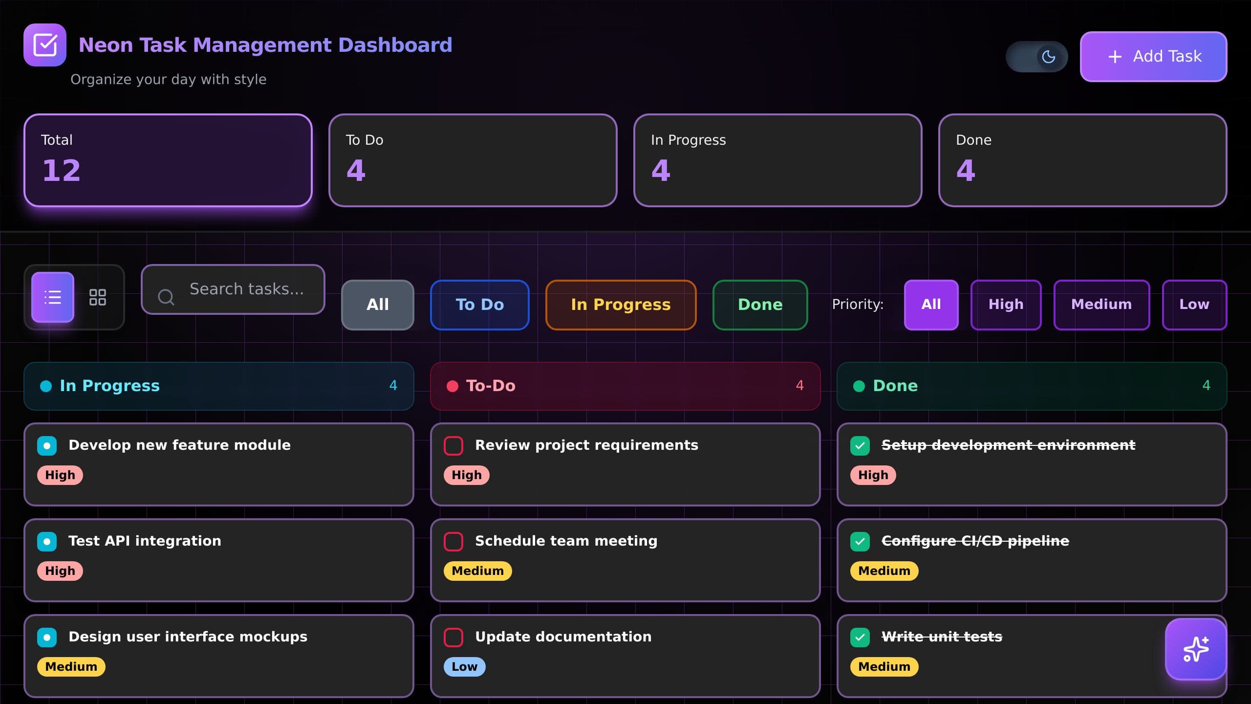 Neon Task Management Dashboard