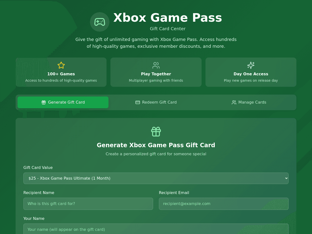BUILD A GAME PASS GIFT CARD FOR