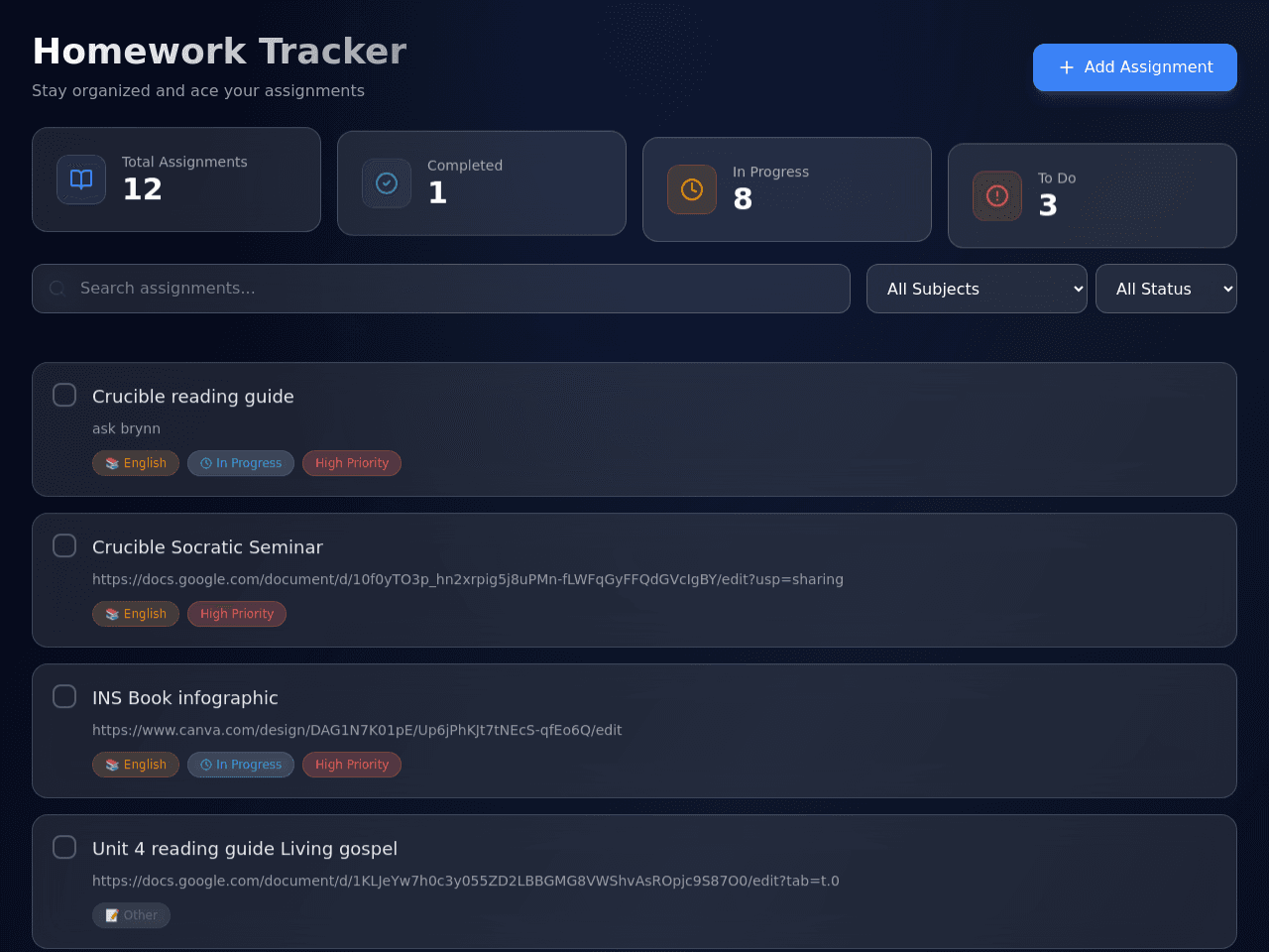 Homework Tracker Board