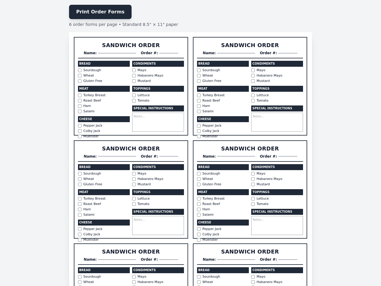 Sandwich Order Planner