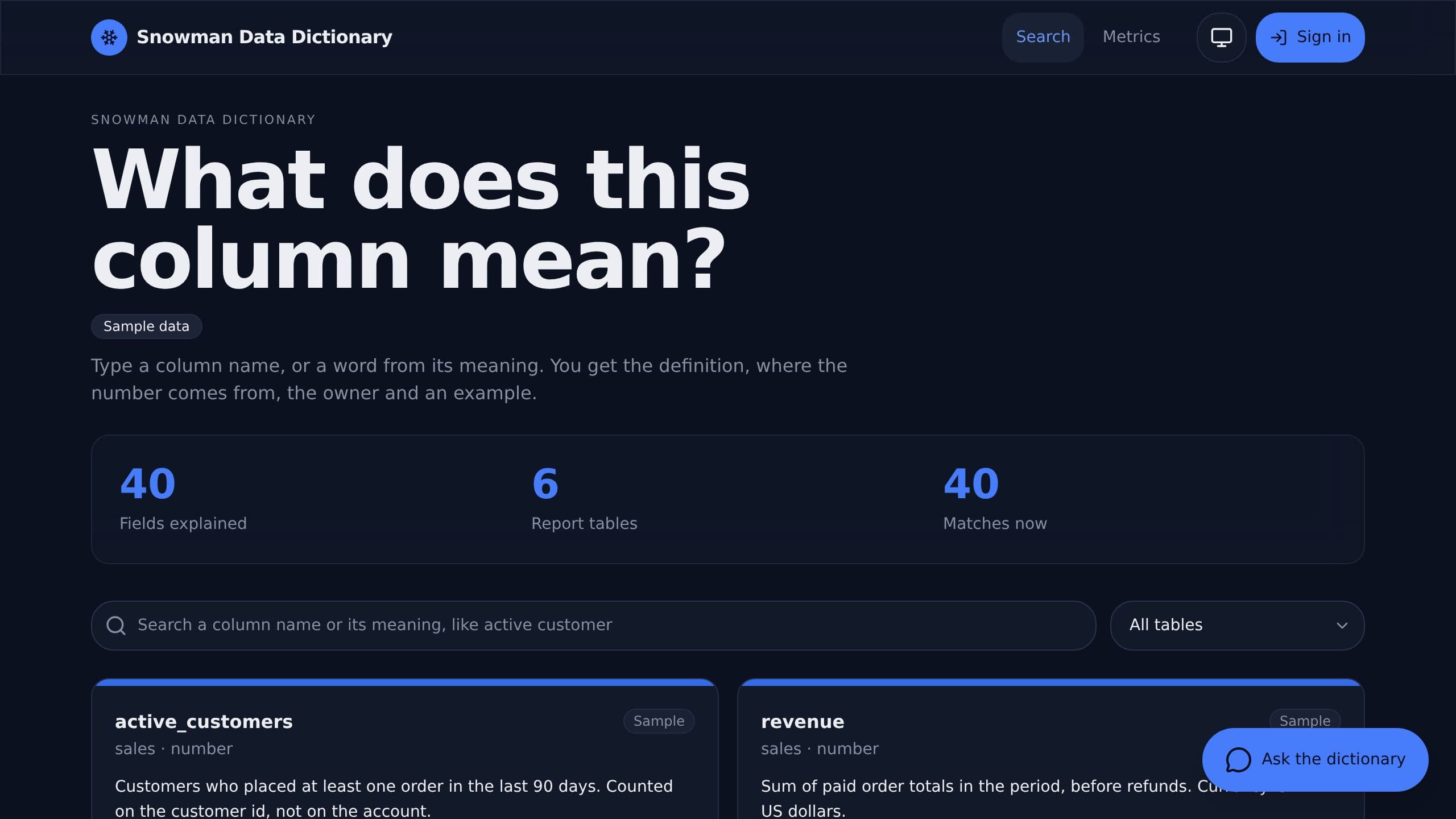Snowman Data Dictionary preview