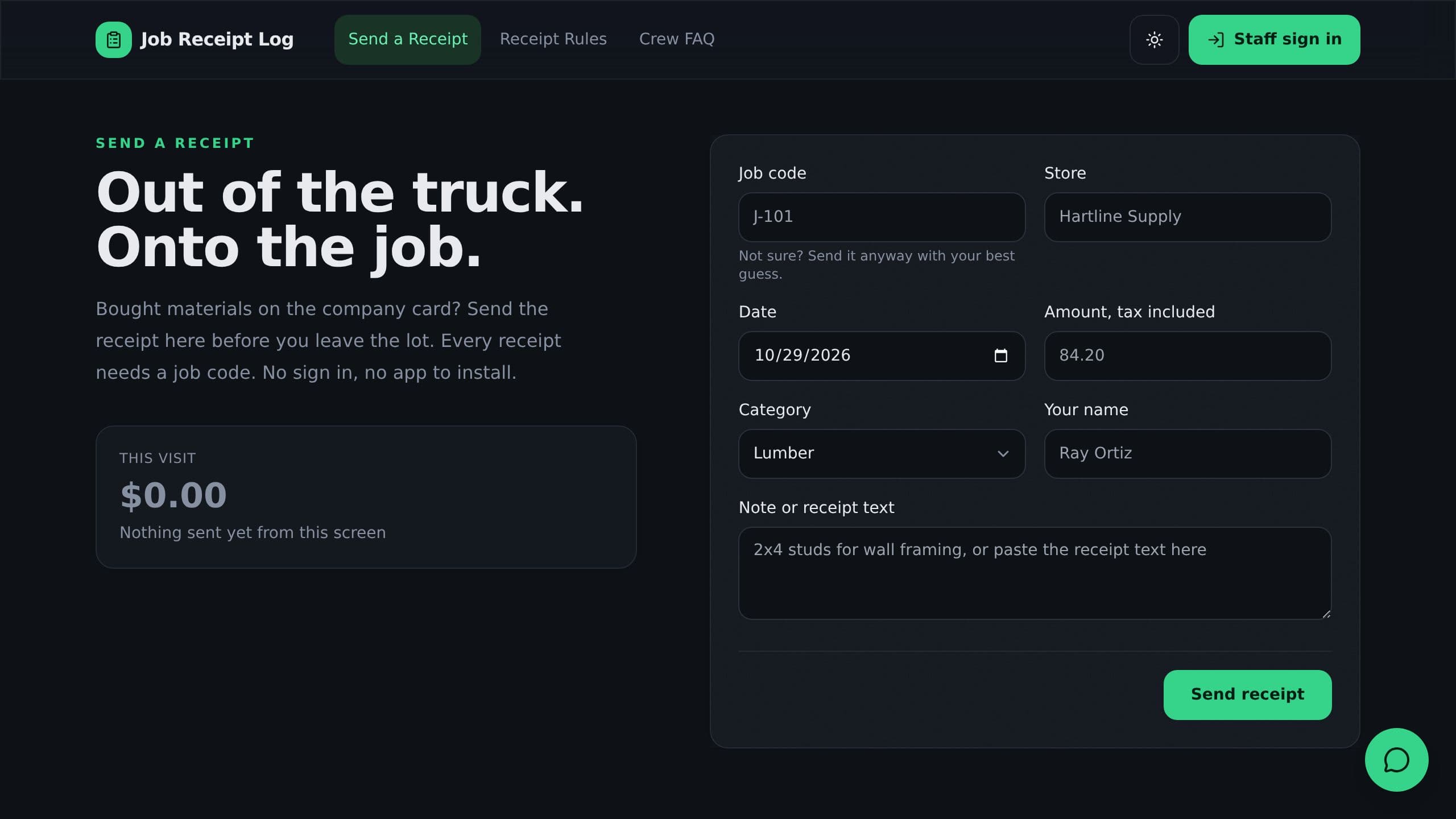 Job Receipt Log preview