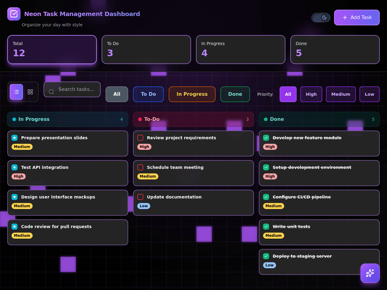 Neon Task Management Dashboard