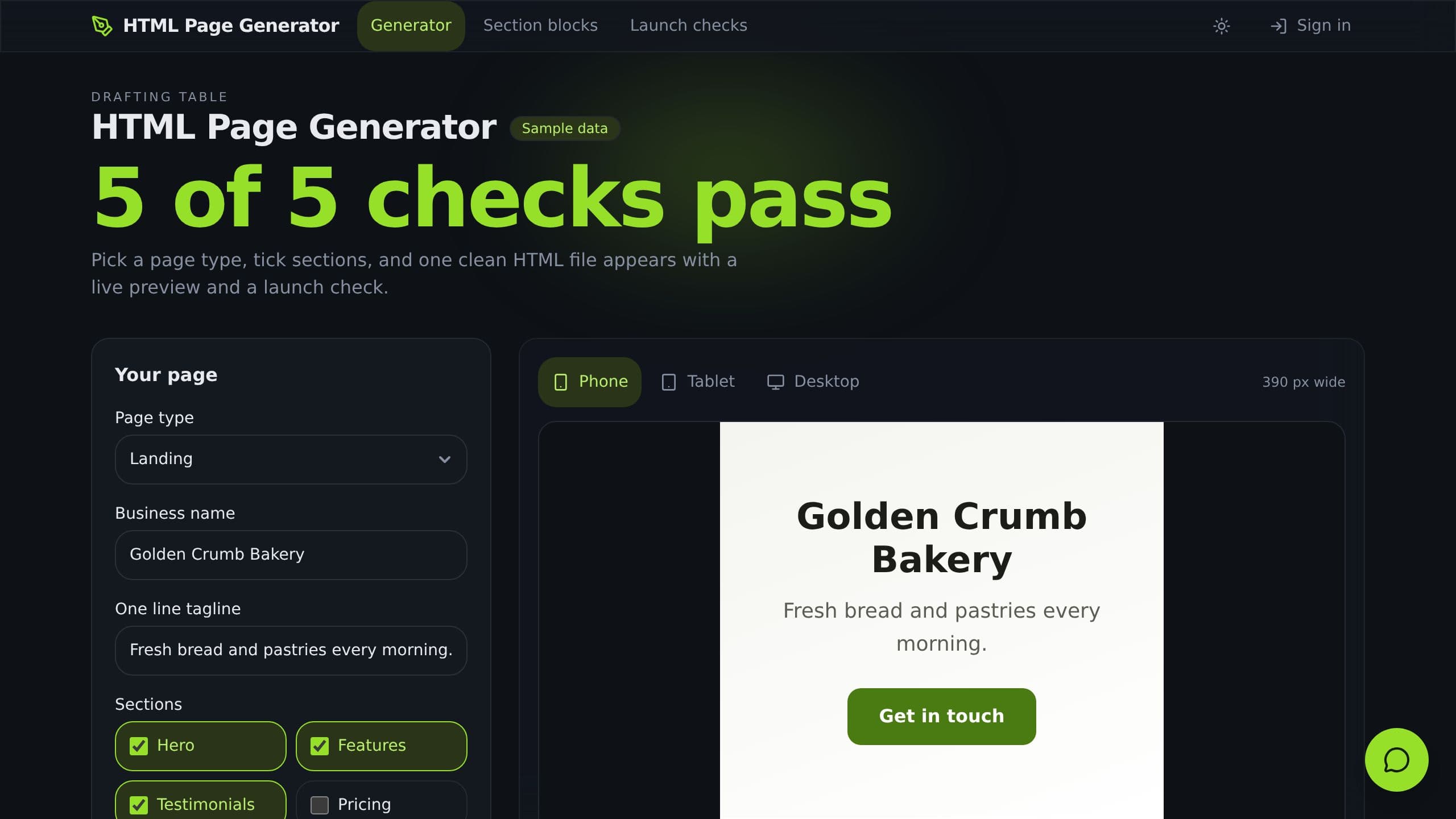 HTML Page Generator preview