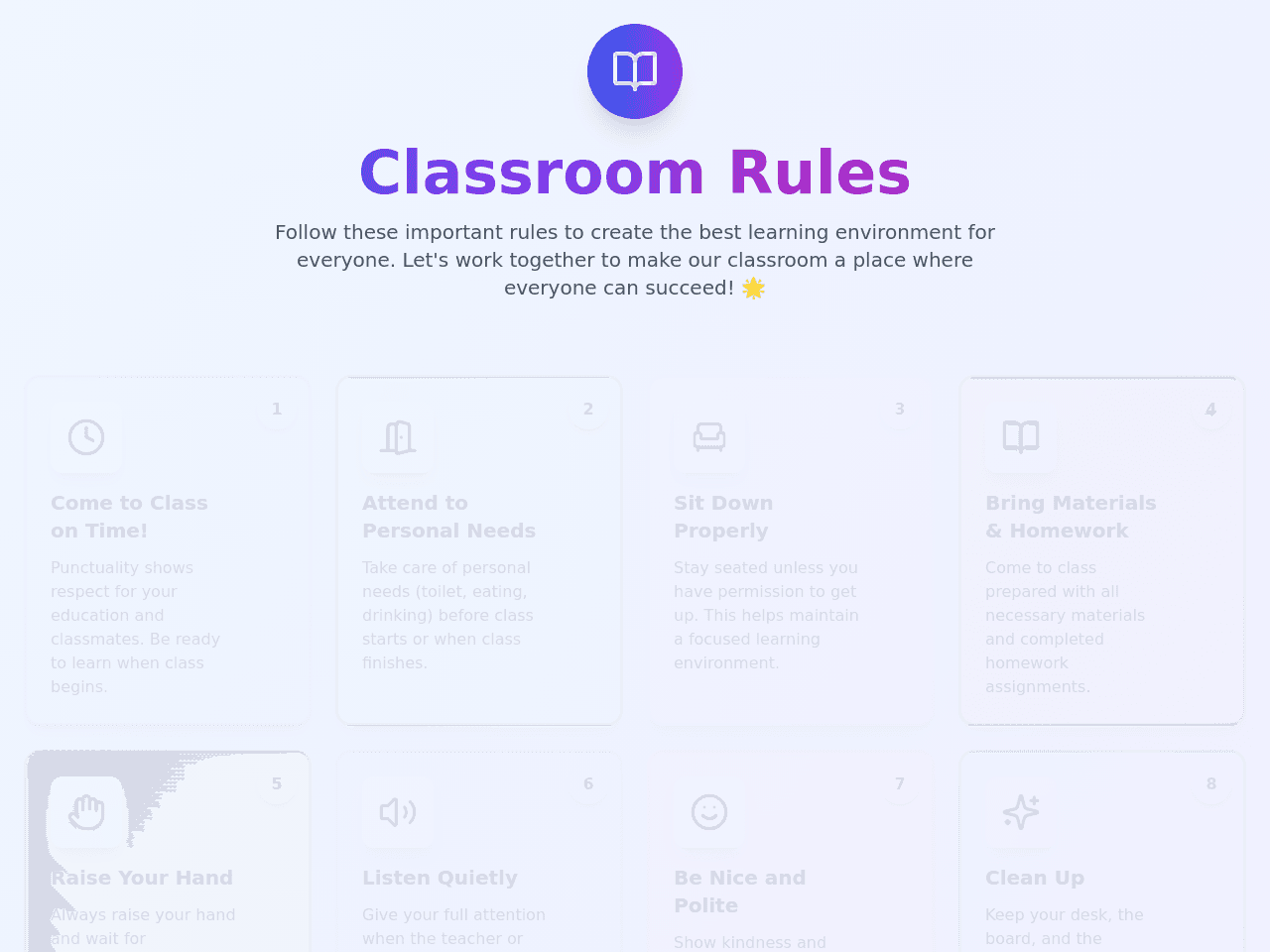 CREATA A BEATiful and engaging poster with pictures that shows the following rules: