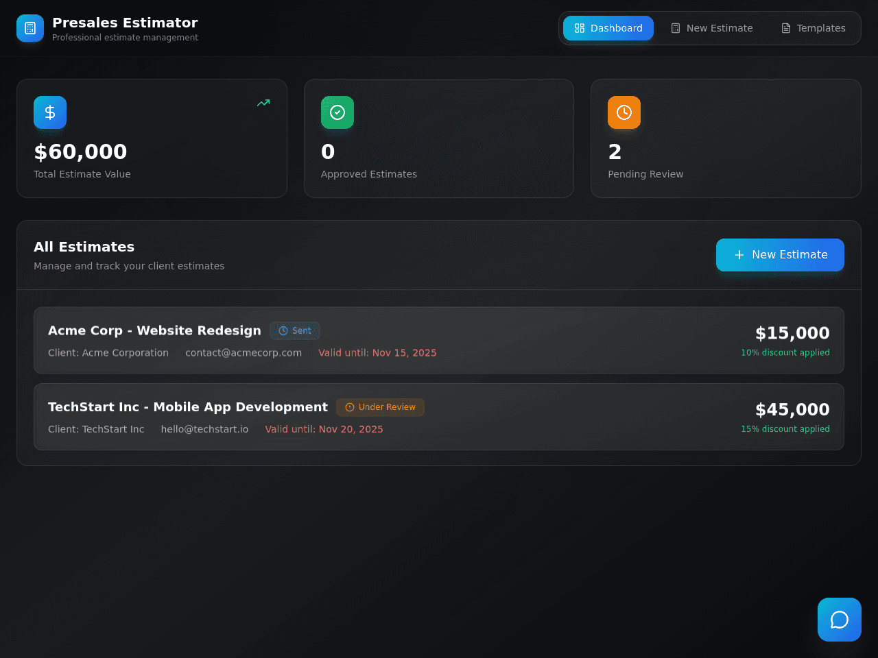 Presales estimation tool