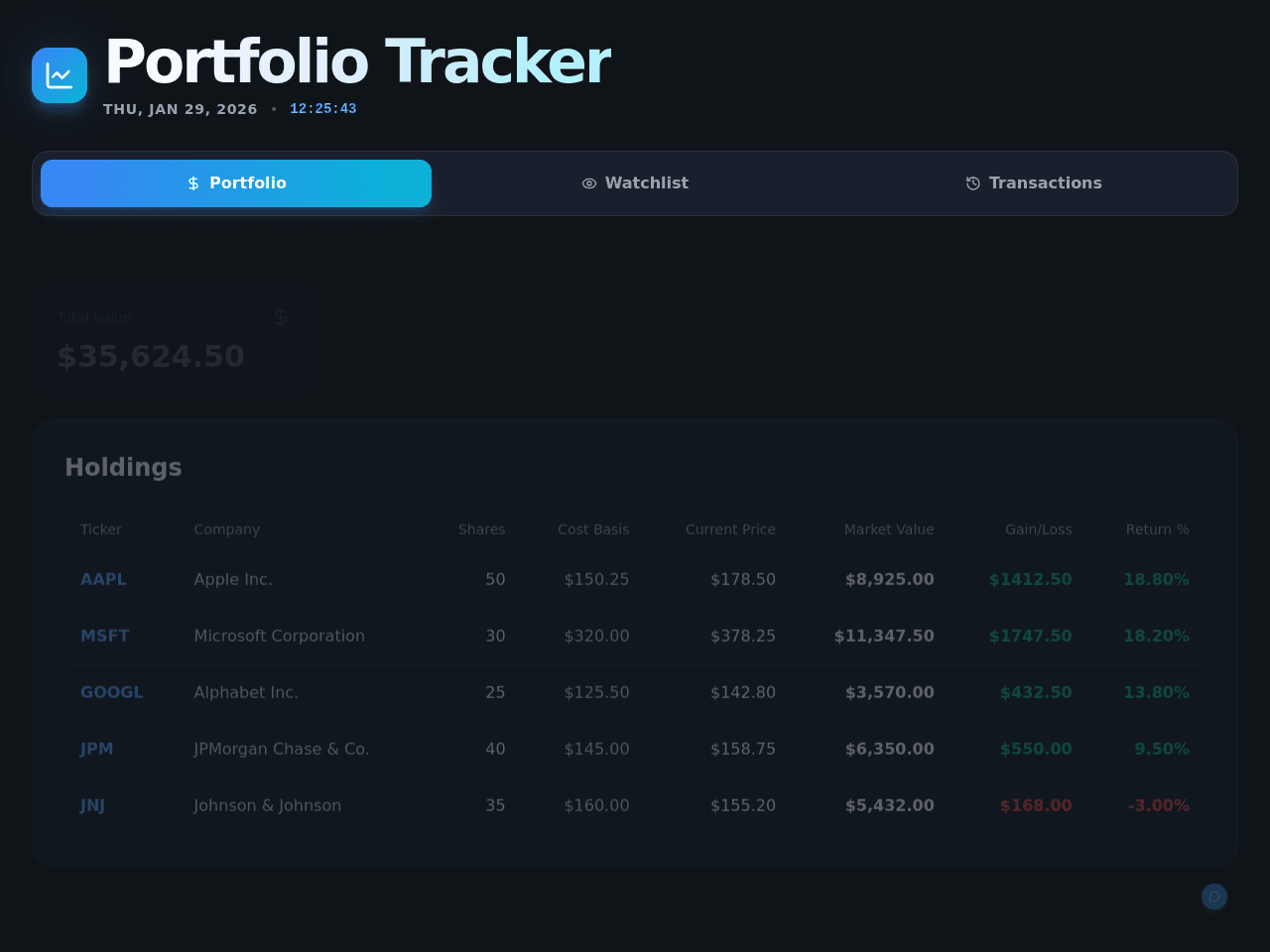 Portfolio Tracker Dashboard