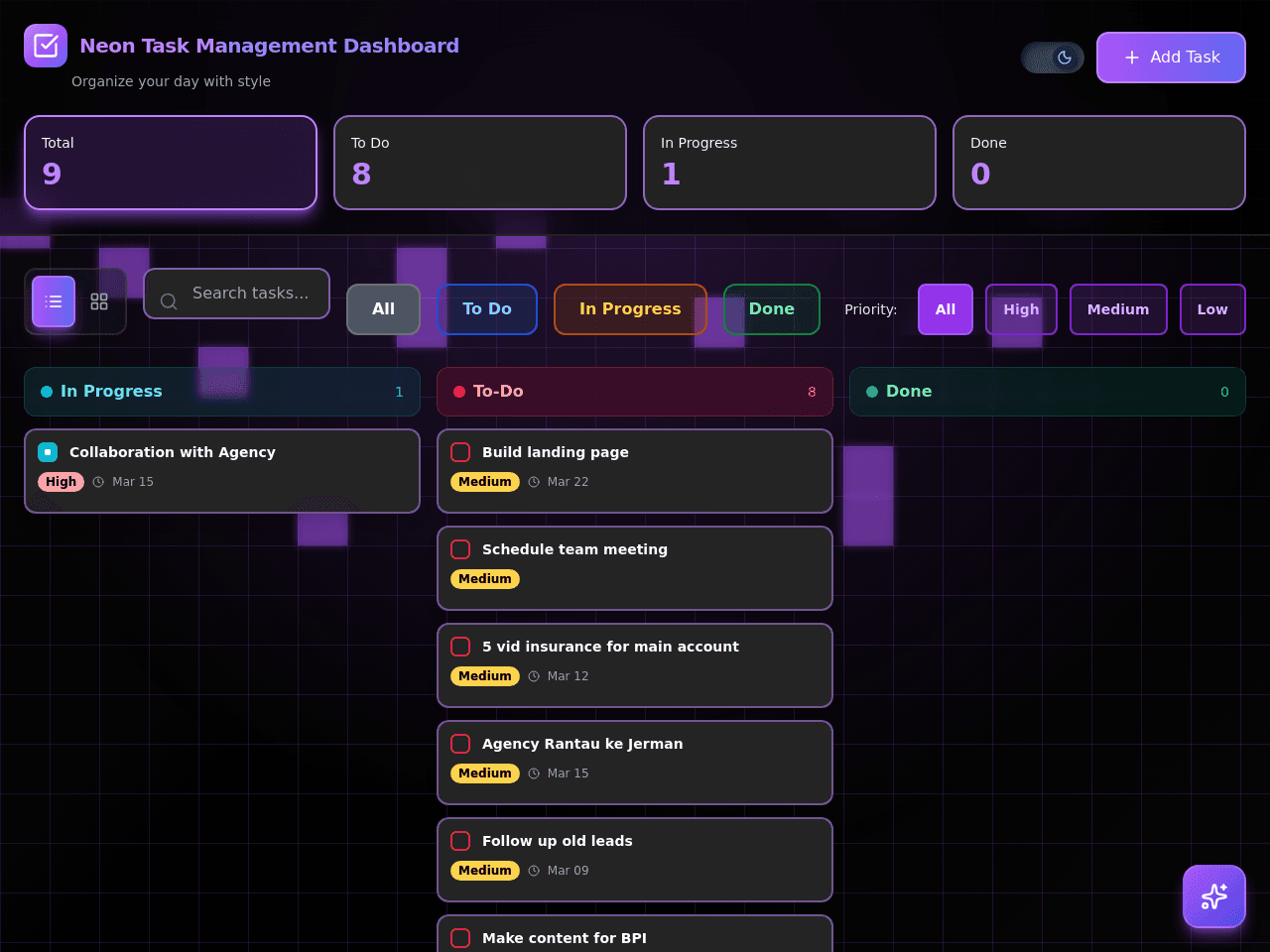 Neon Task Management Dashboard