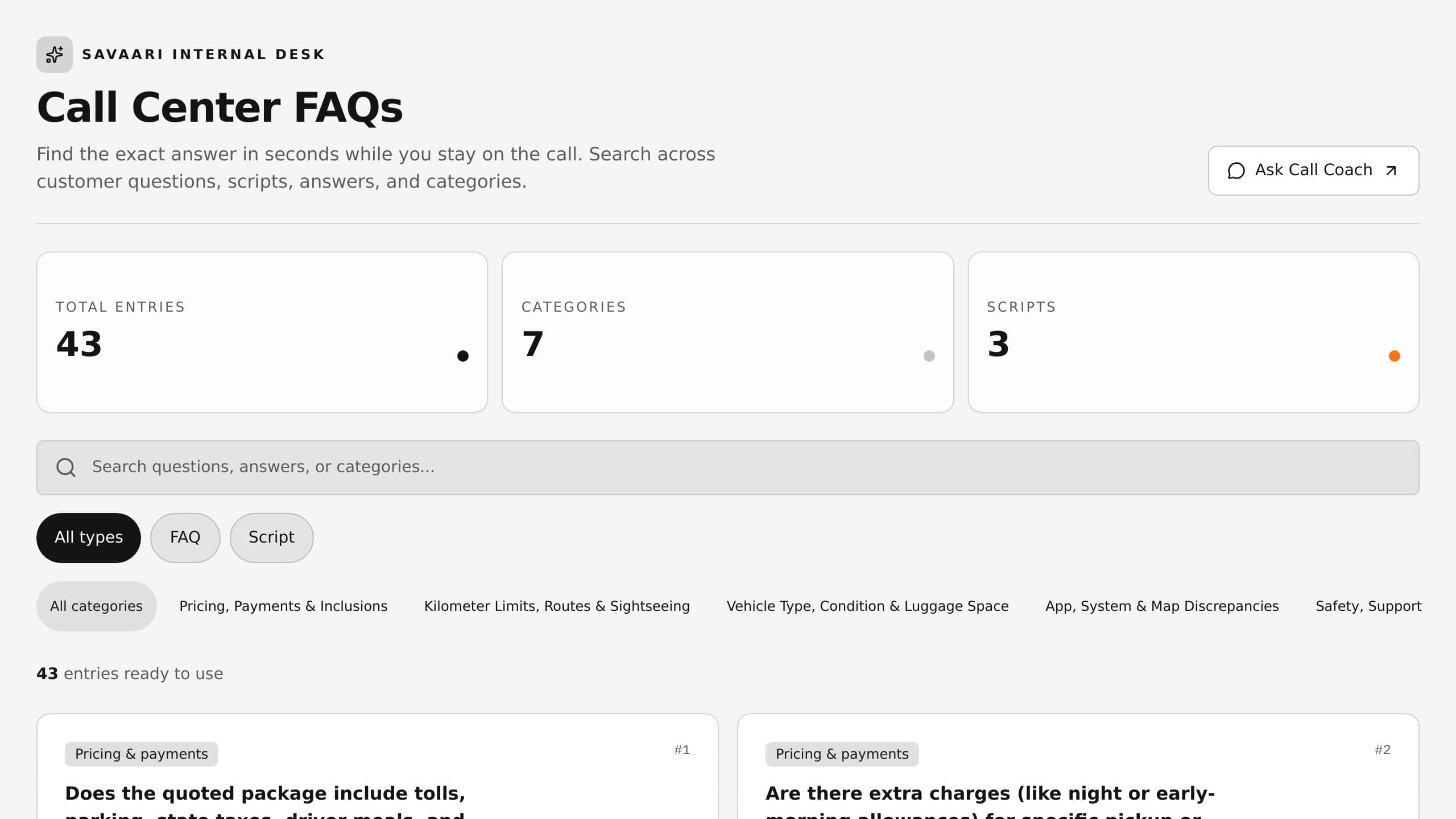Savaari FAQ Dashboard