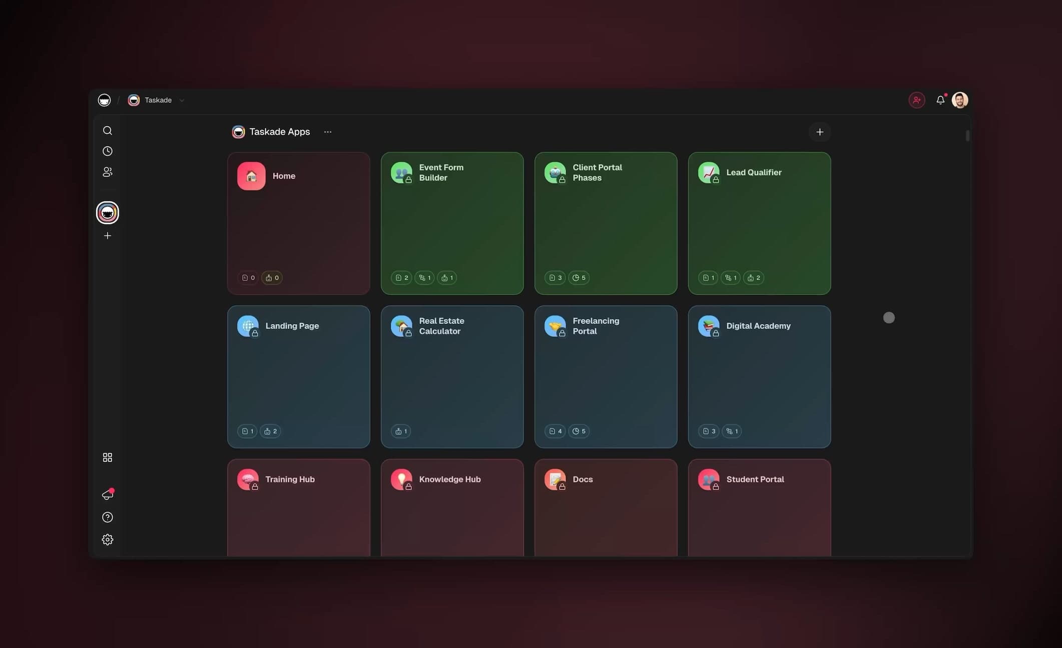 A grid of Taskade Genesis apps, each one ready to share as an App Kit