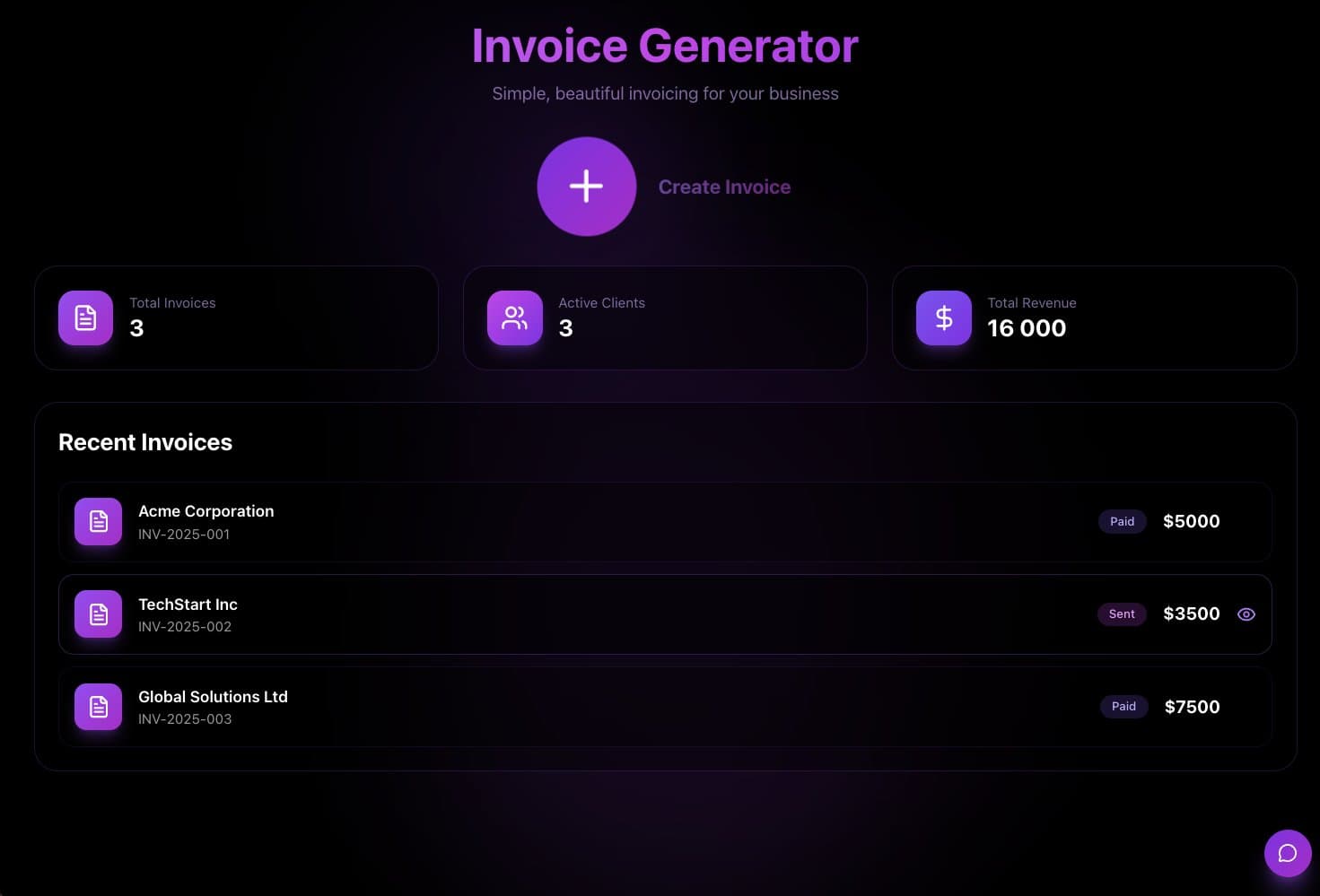 How to build a quote and invoice app without code: an invoice generator built with Taskade Genesis, with line items, approval status and totals