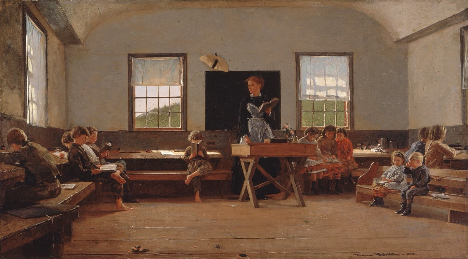 Winslow Homer's The Country School (1871), a public-domain painting of a one-room classroom, illustrating the skills AI cannot replace: judgment, synthesis, and learning to grade the homework instead of only doing it
