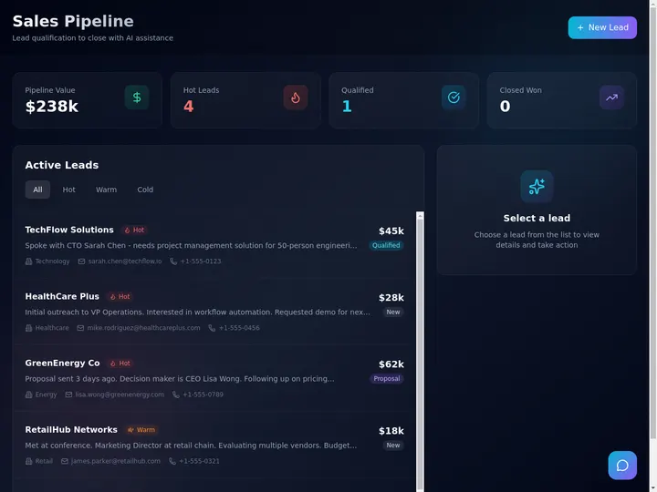 A sales pipeline CRM built with AI in Taskade Genesis, contacts, companies, and deals moving stage by stage on one screen