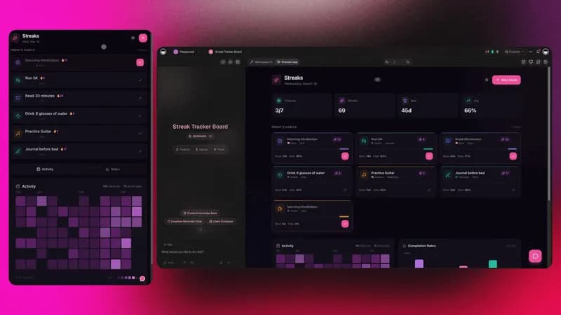 A tracker app built end to end in Taskade Genesis, the same app shape the TSK-1 benchmark asks every AI model to produce from one fixed prompt