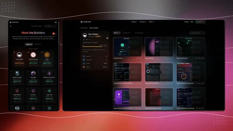 Taskade Creators Page redesign showing builder profiles and leaderboard rankings