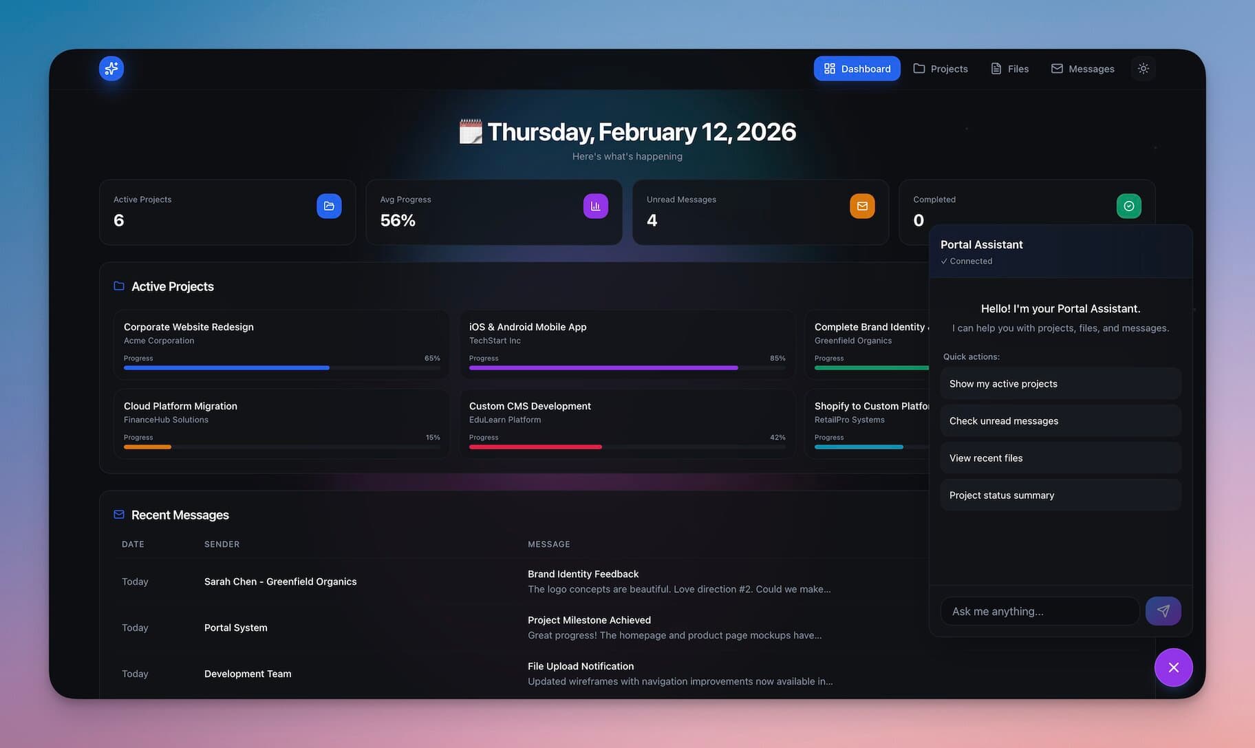 A project portal built with Taskade Genesis, showing active client projects with progress bars, recent messages, and an AI portal assistant
