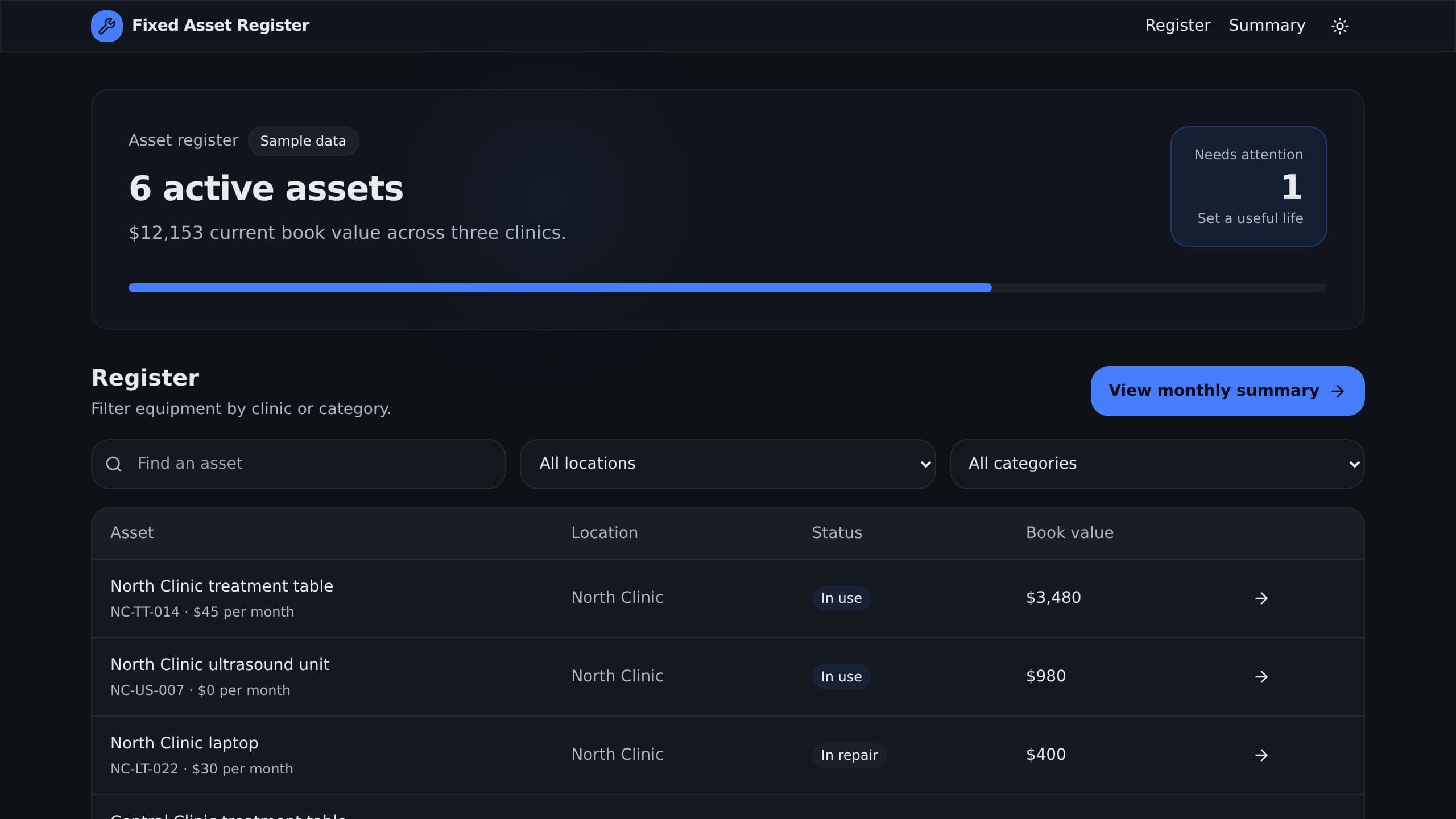Fixed Asset Register preview