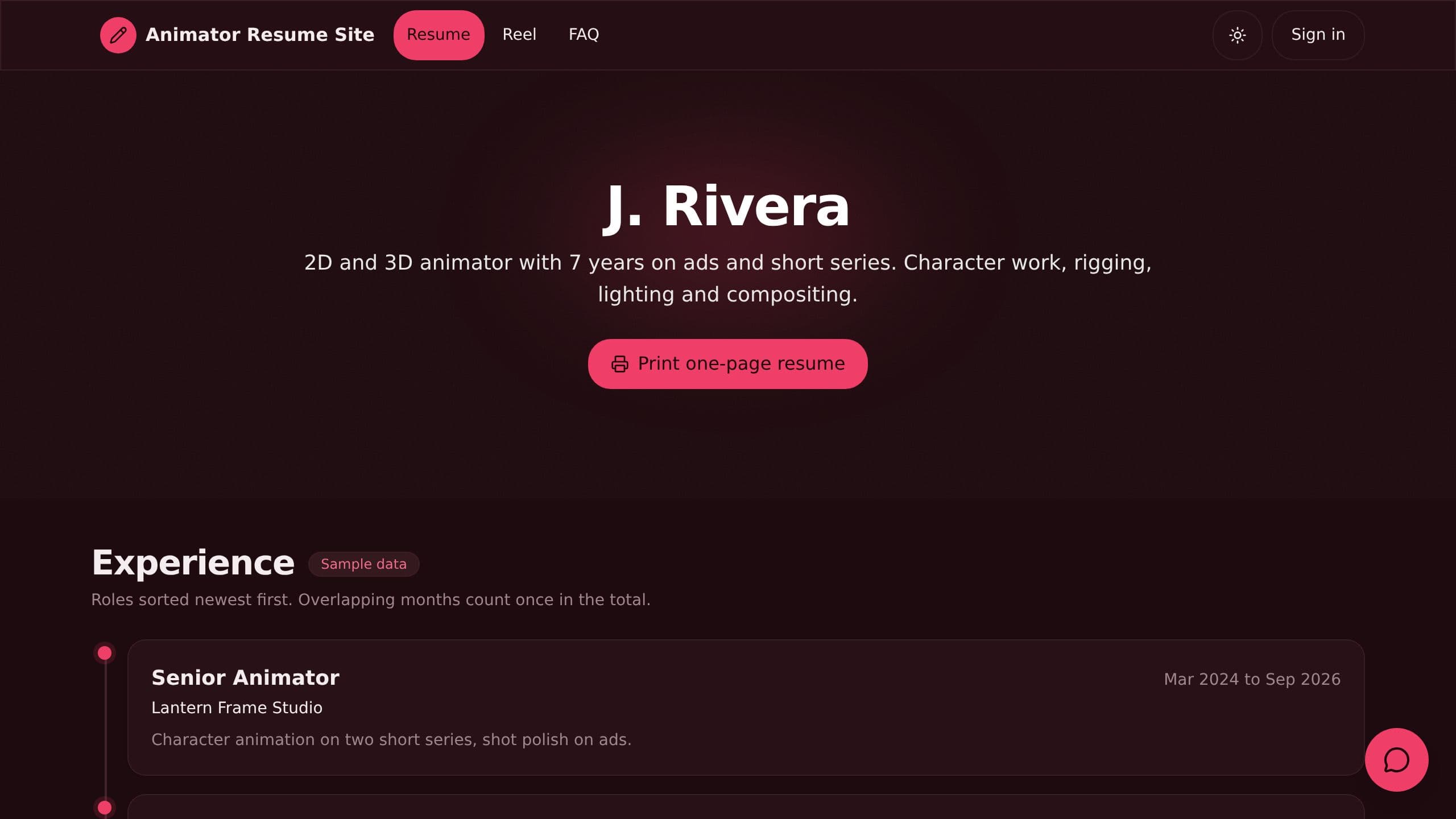 Animator Resume Site preview