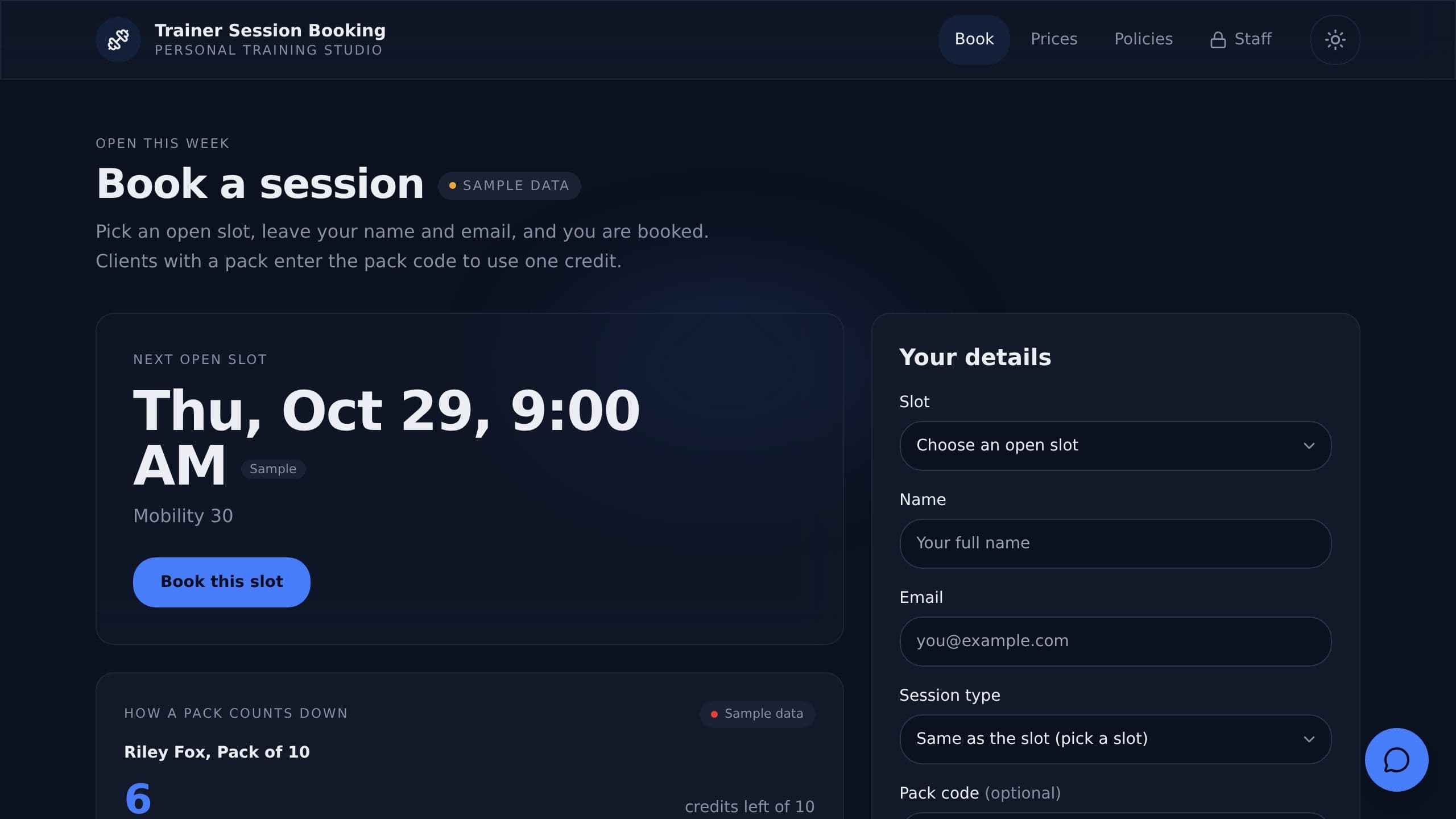 Trainer Session Booking preview