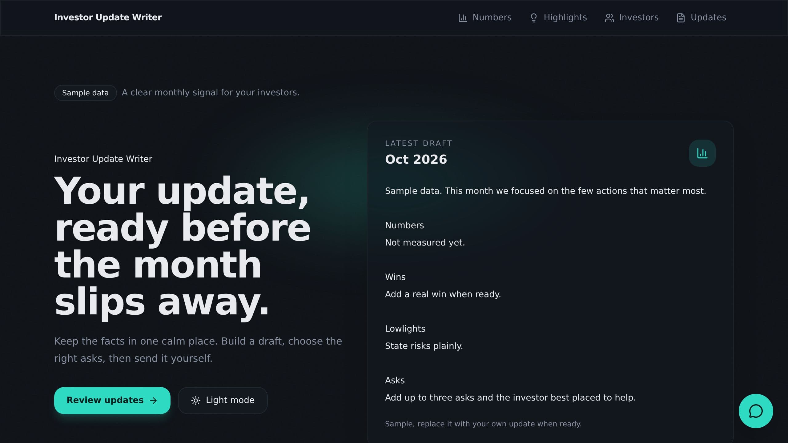 Investor Update Writer preview