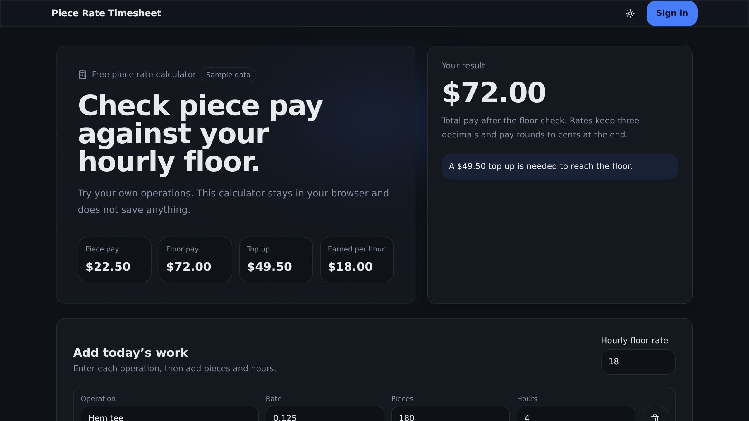 Piece Rate Timesheet preview