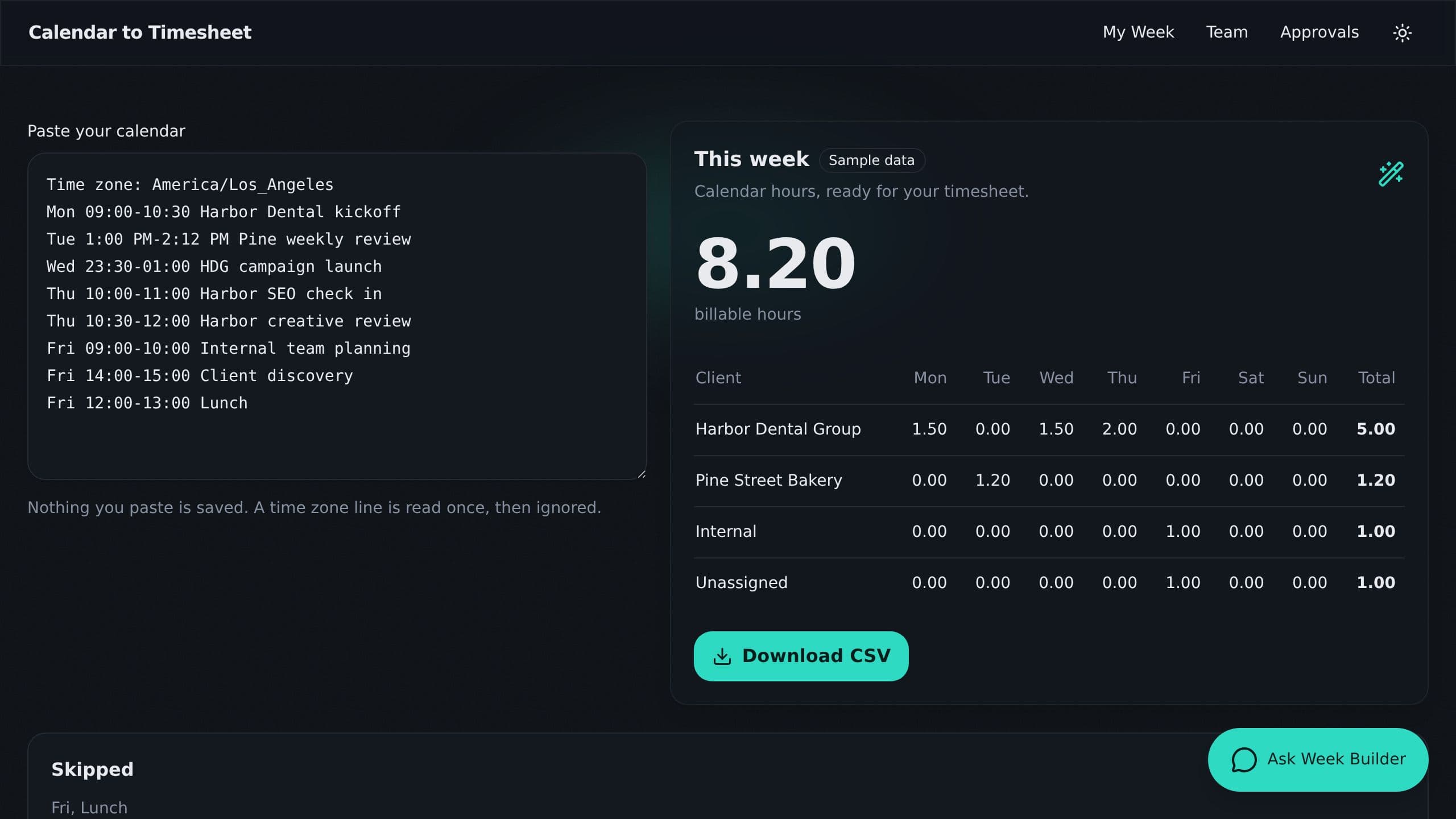 Calendar to Timesheet preview