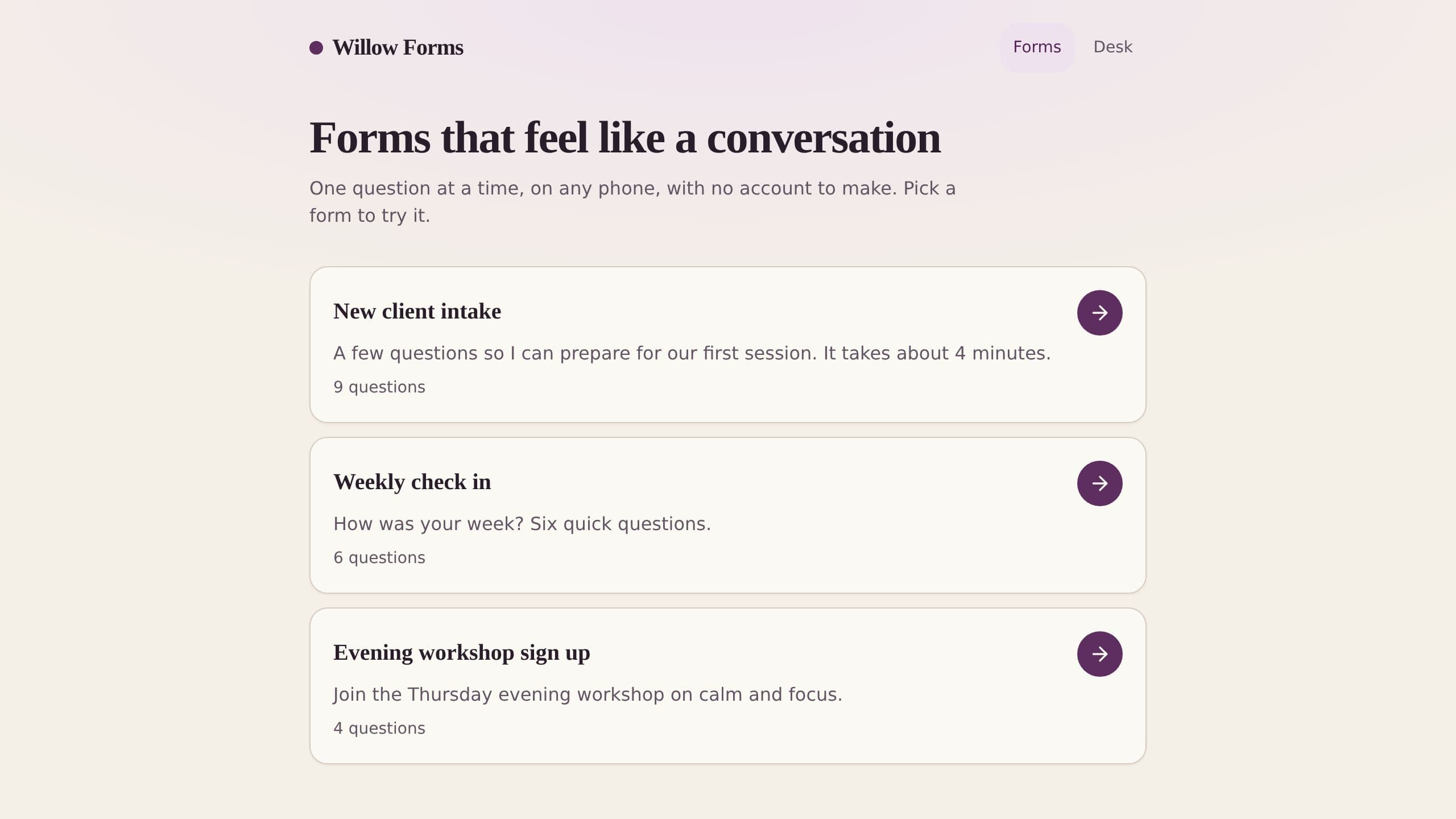 One Question Forms preview
