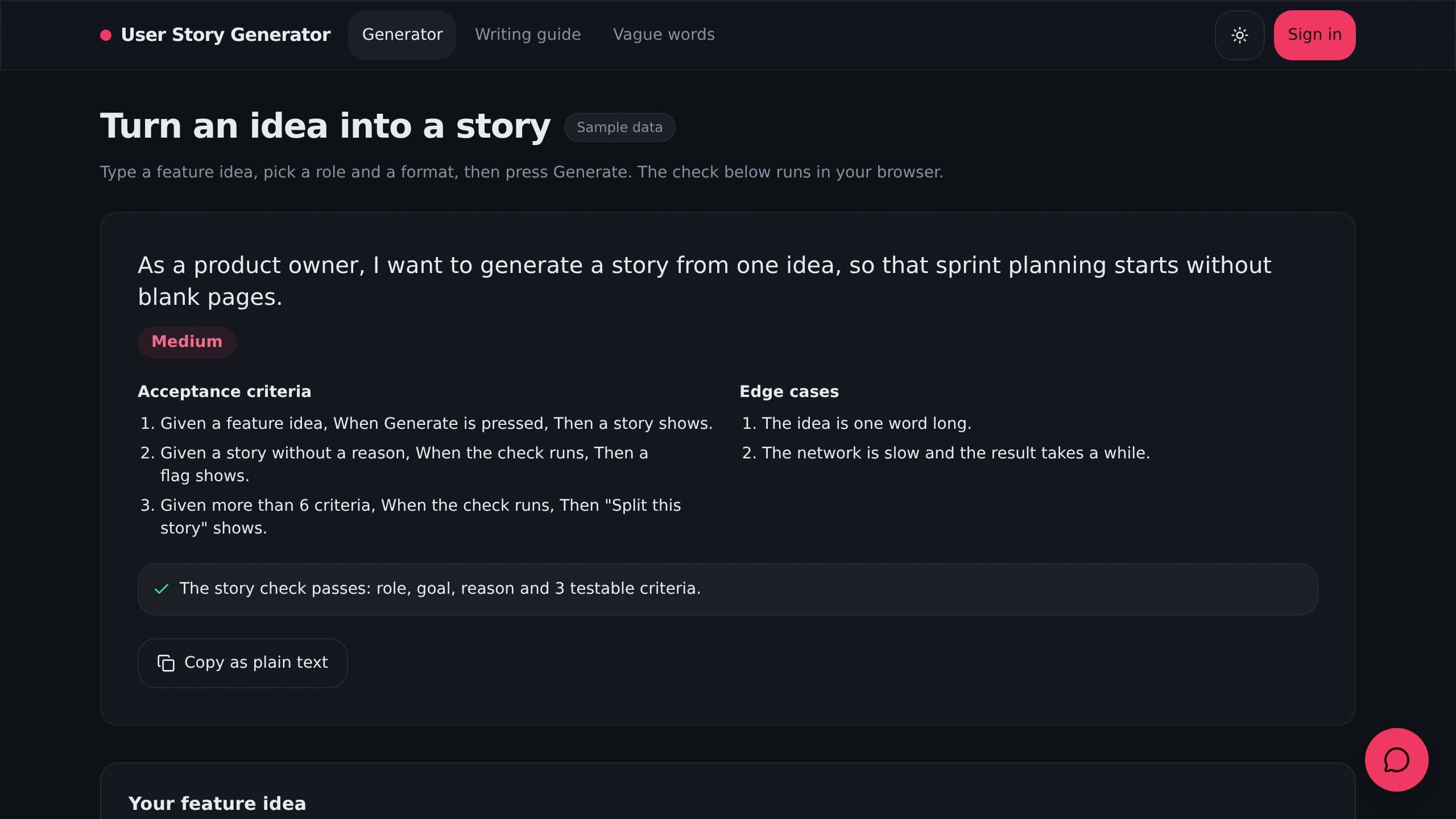 User Story Generator preview