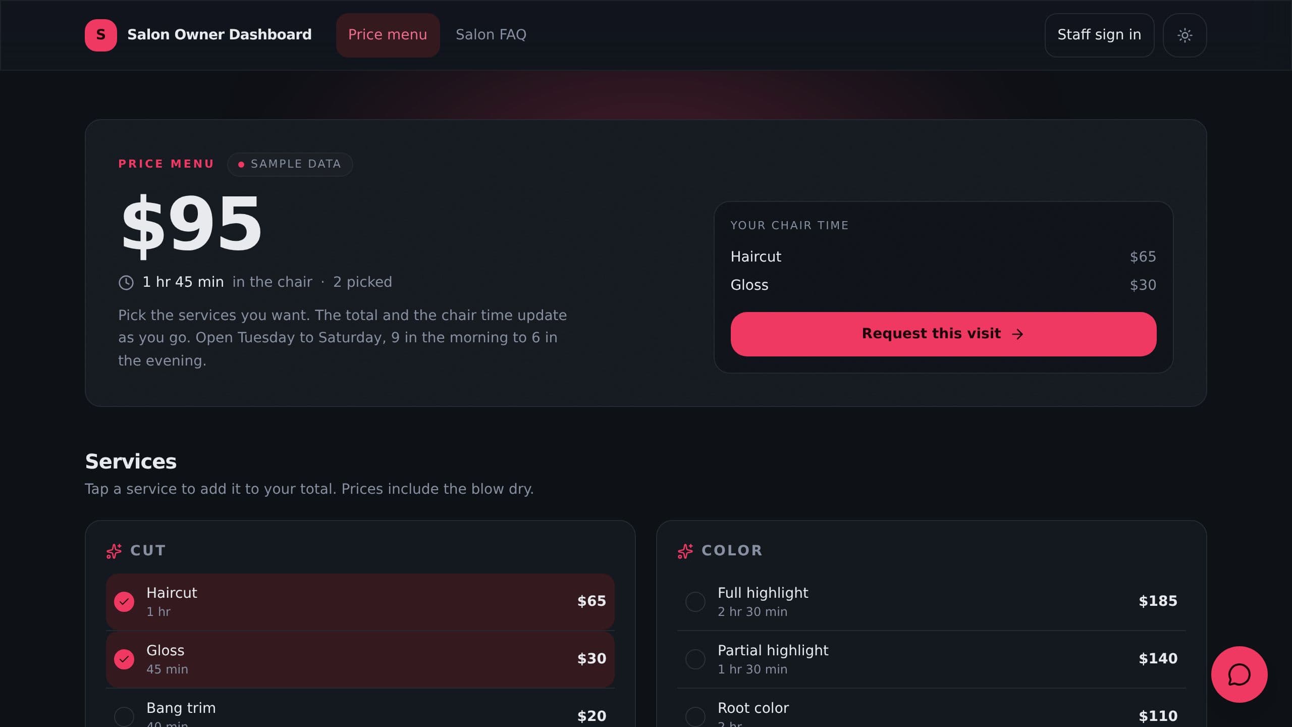 Salon Owner Dashboard preview