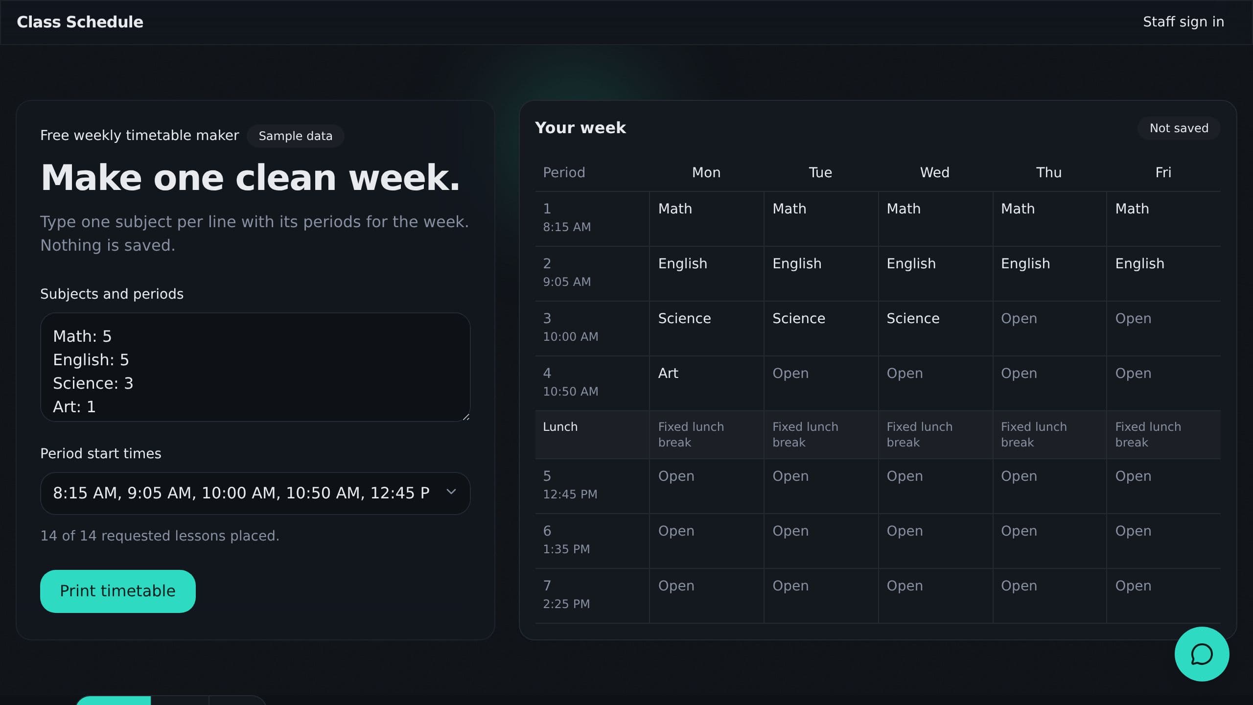 Class Schedule preview