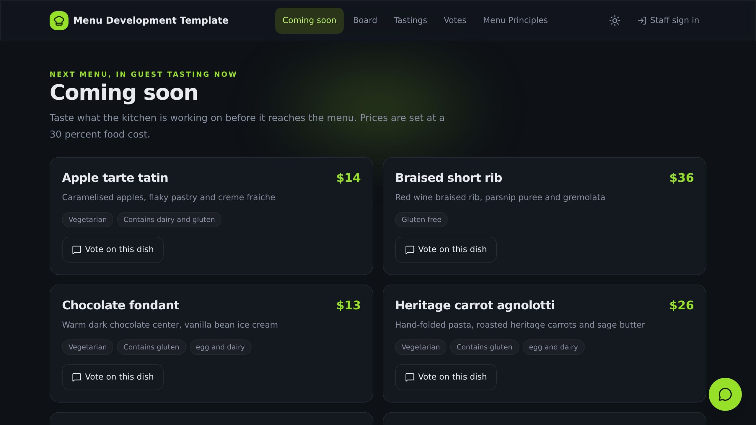 Menu Development Template preview