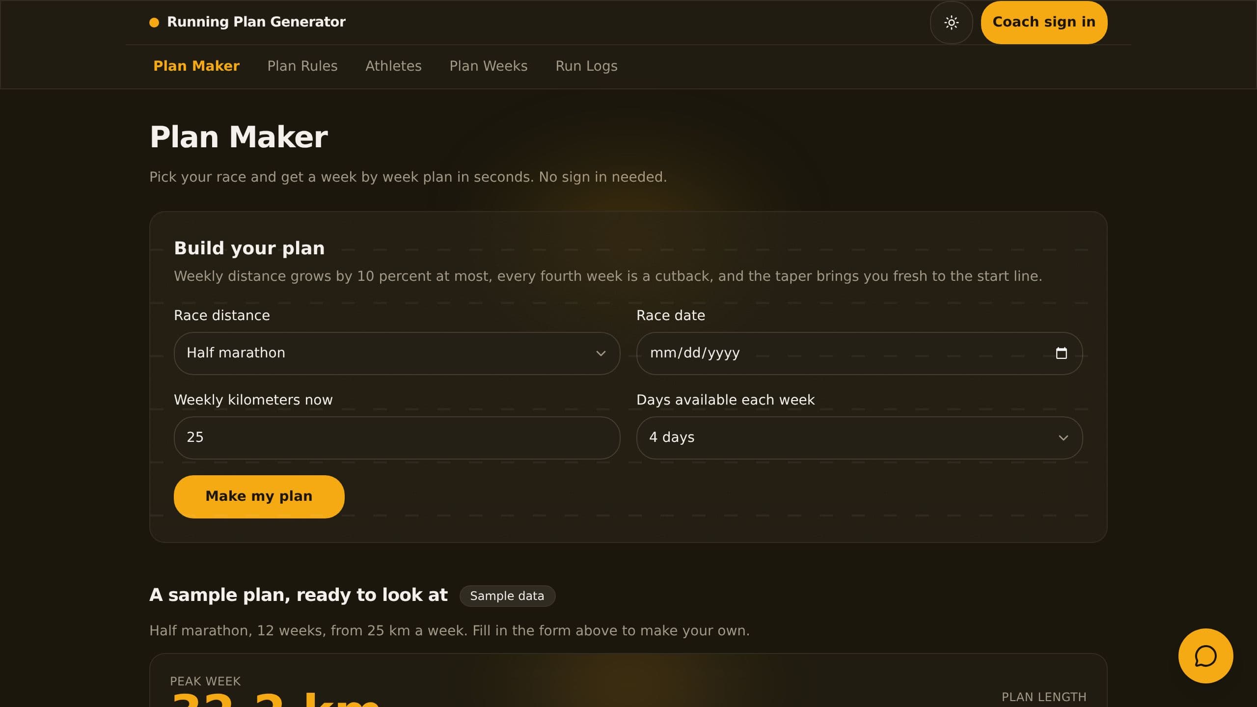 Running Plan Generator preview