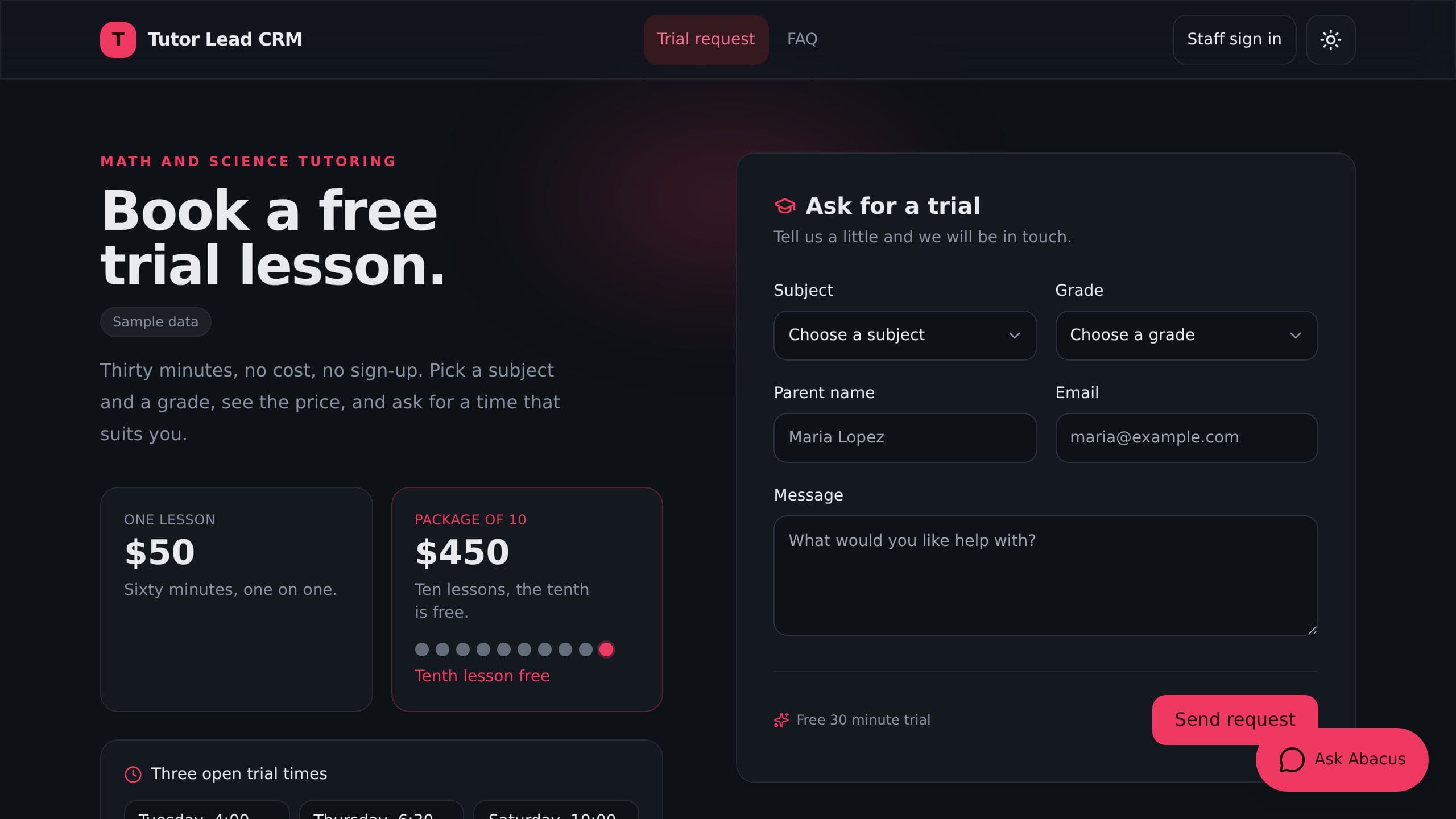 Tutor Lead CRM preview