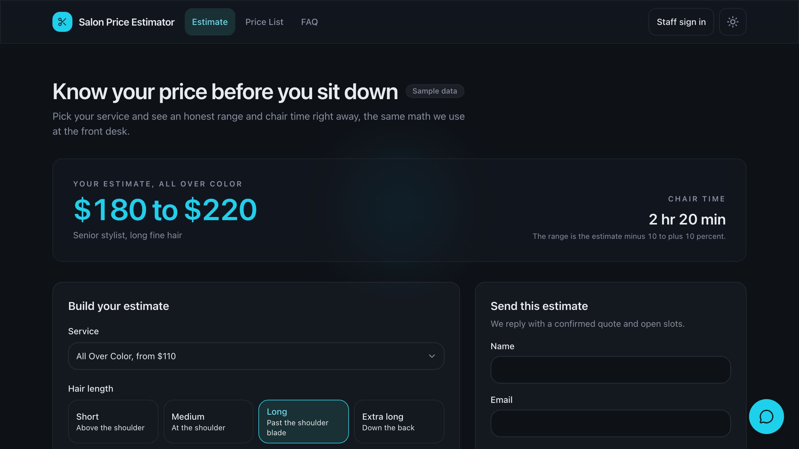 Salon Price Estimator preview