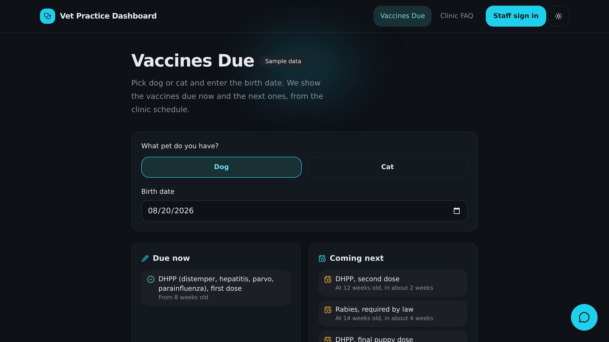 Vet Practice Dashboard preview