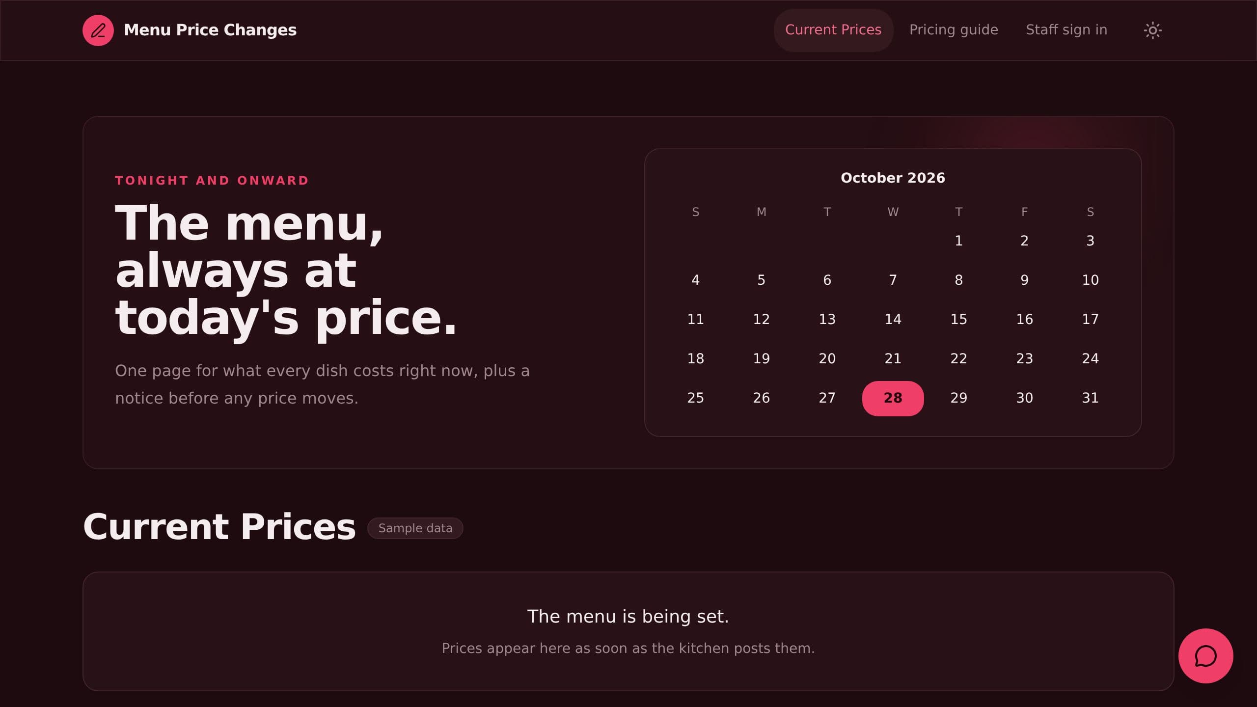 Menu Price Changes preview