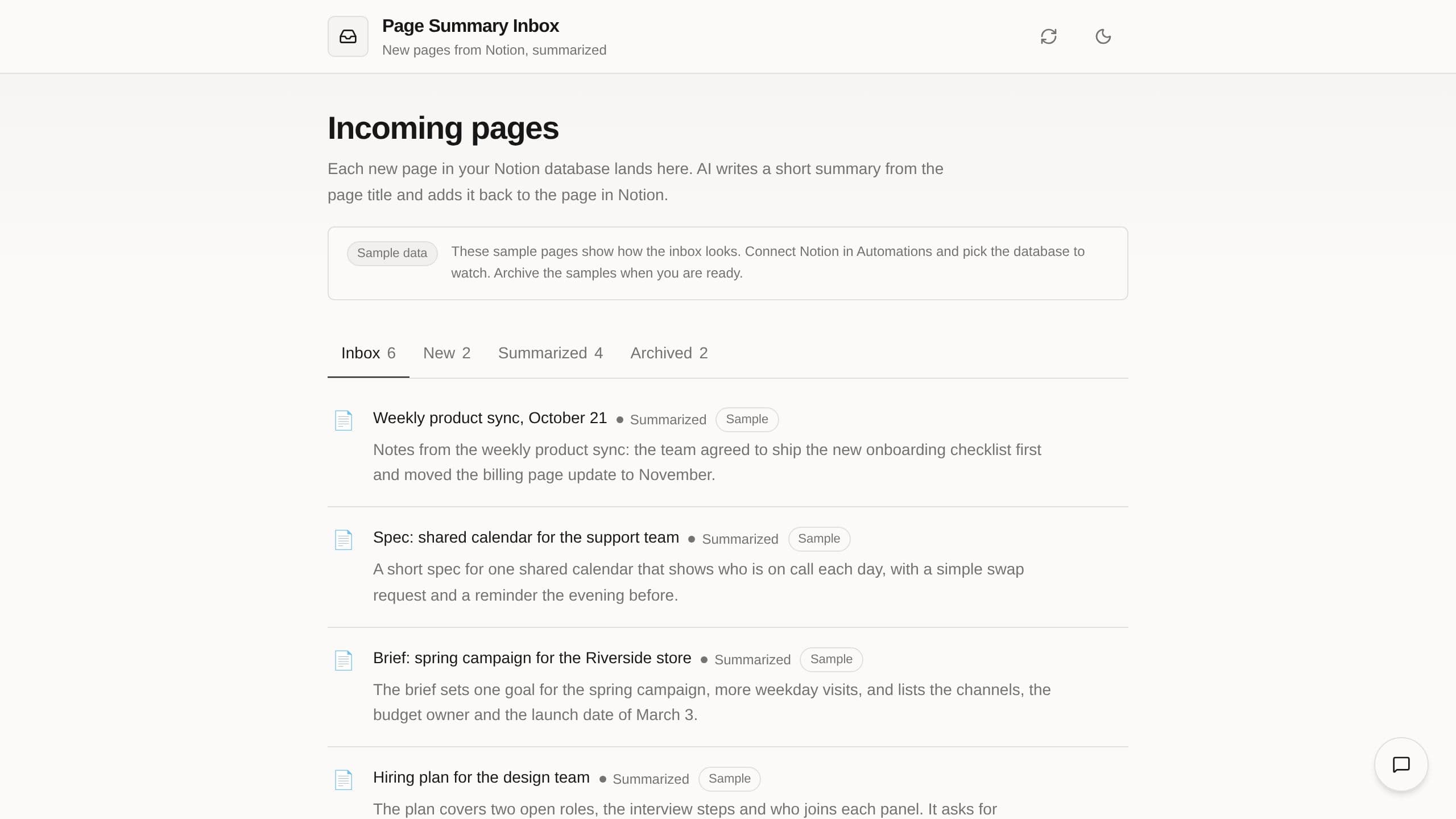 Page Summary Inbox preview