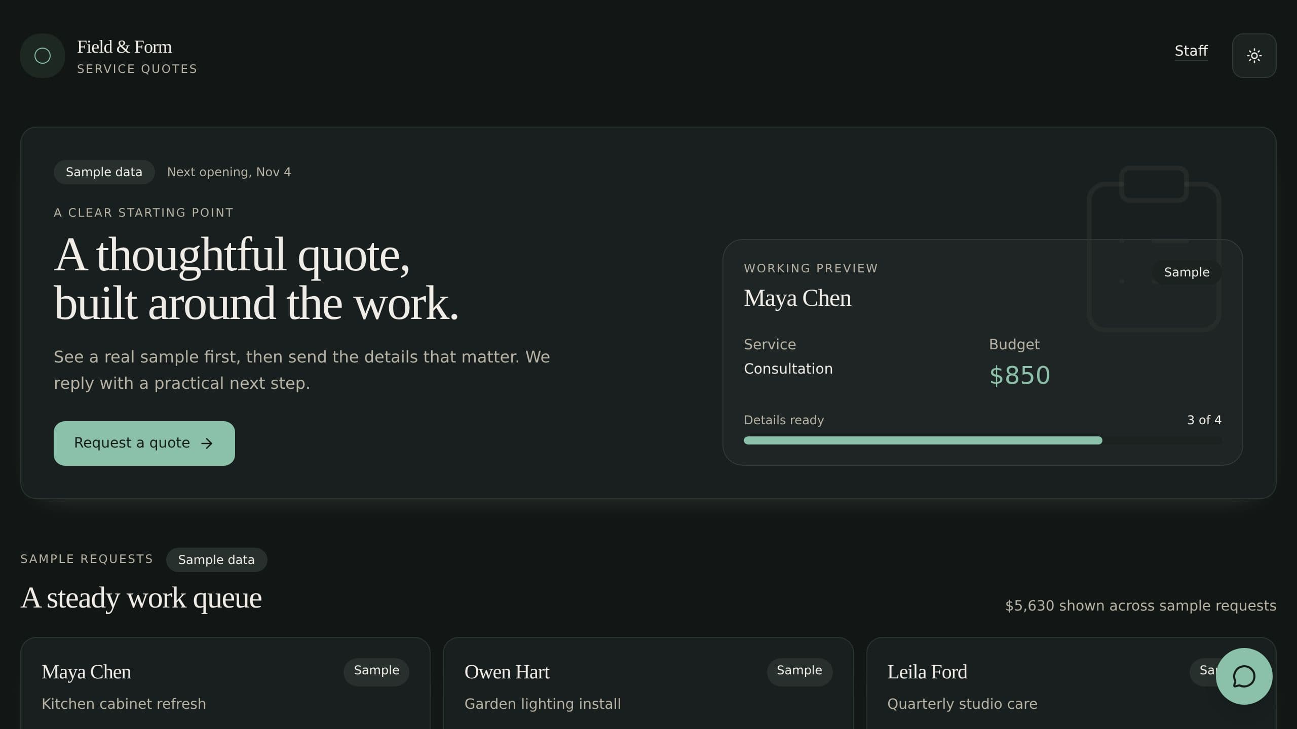 Project Quote Request preview