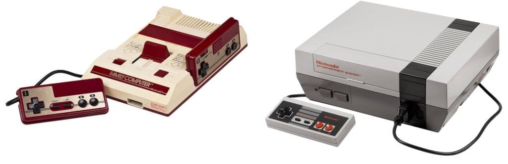 Famicon (JPN) and NES (US) compared side-by-side.