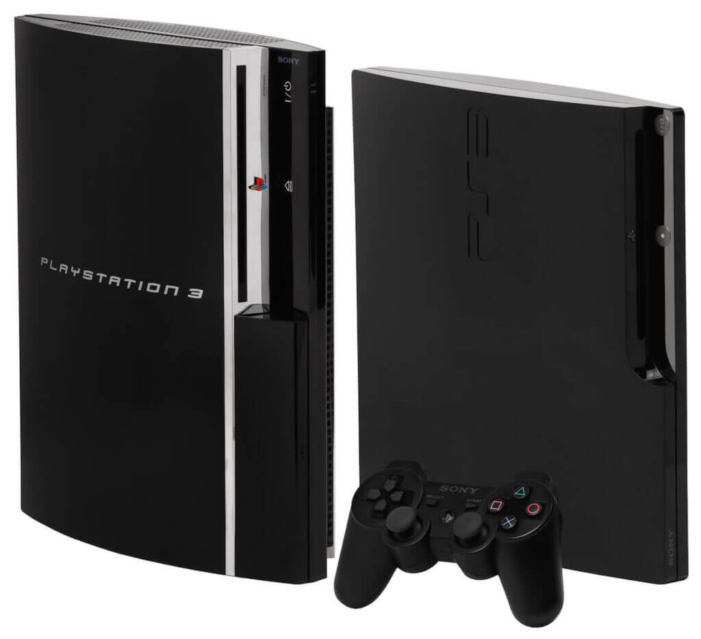 The original Playstation 3 and a revised “Slim” version with a controller.